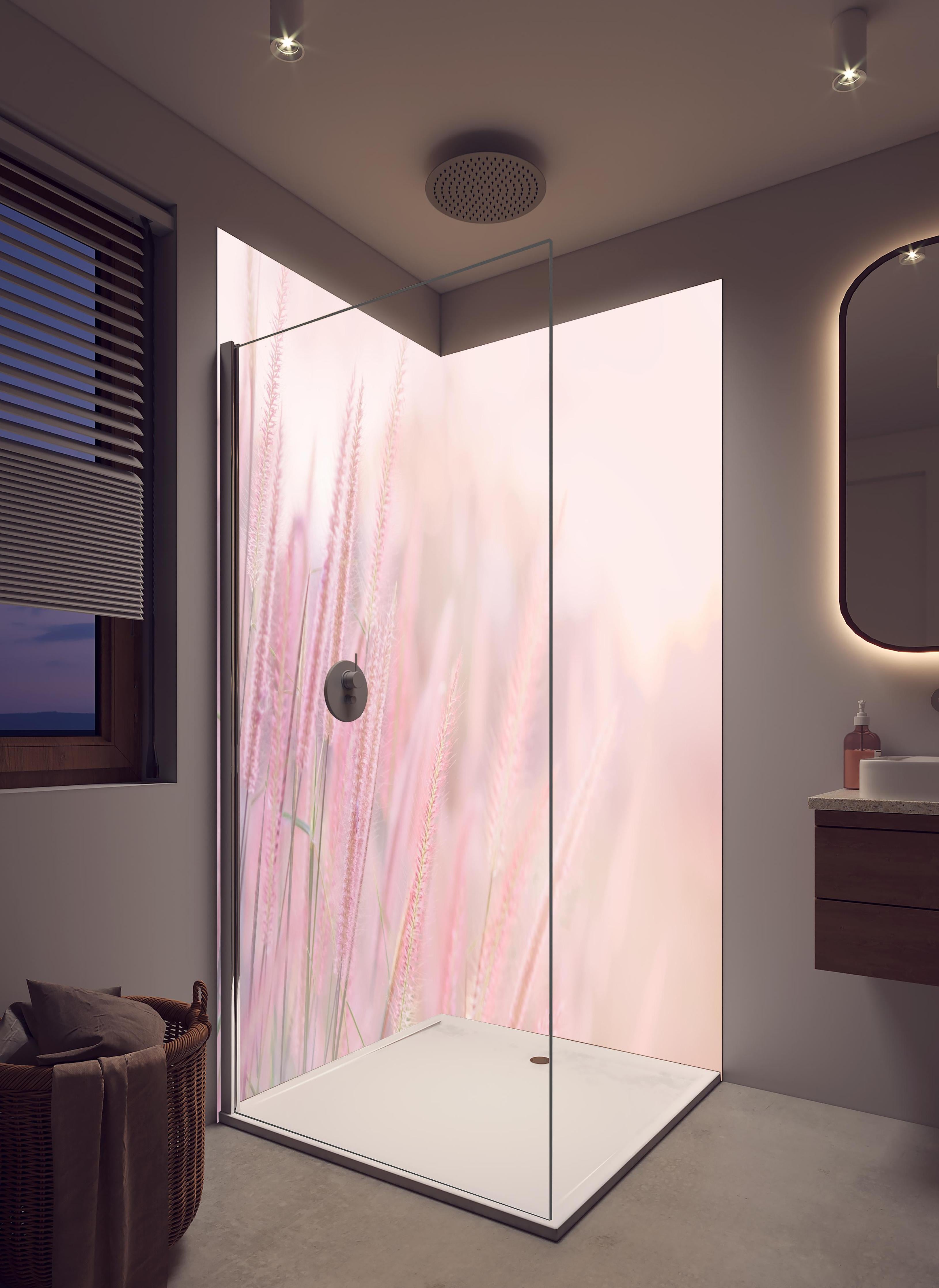 Duschrückwand - Vintage Gräser in Pastellrosa und Weiß in hellem Badezimmer mit Regenduschkopf - zweiteilige Eck-Duschrückwand