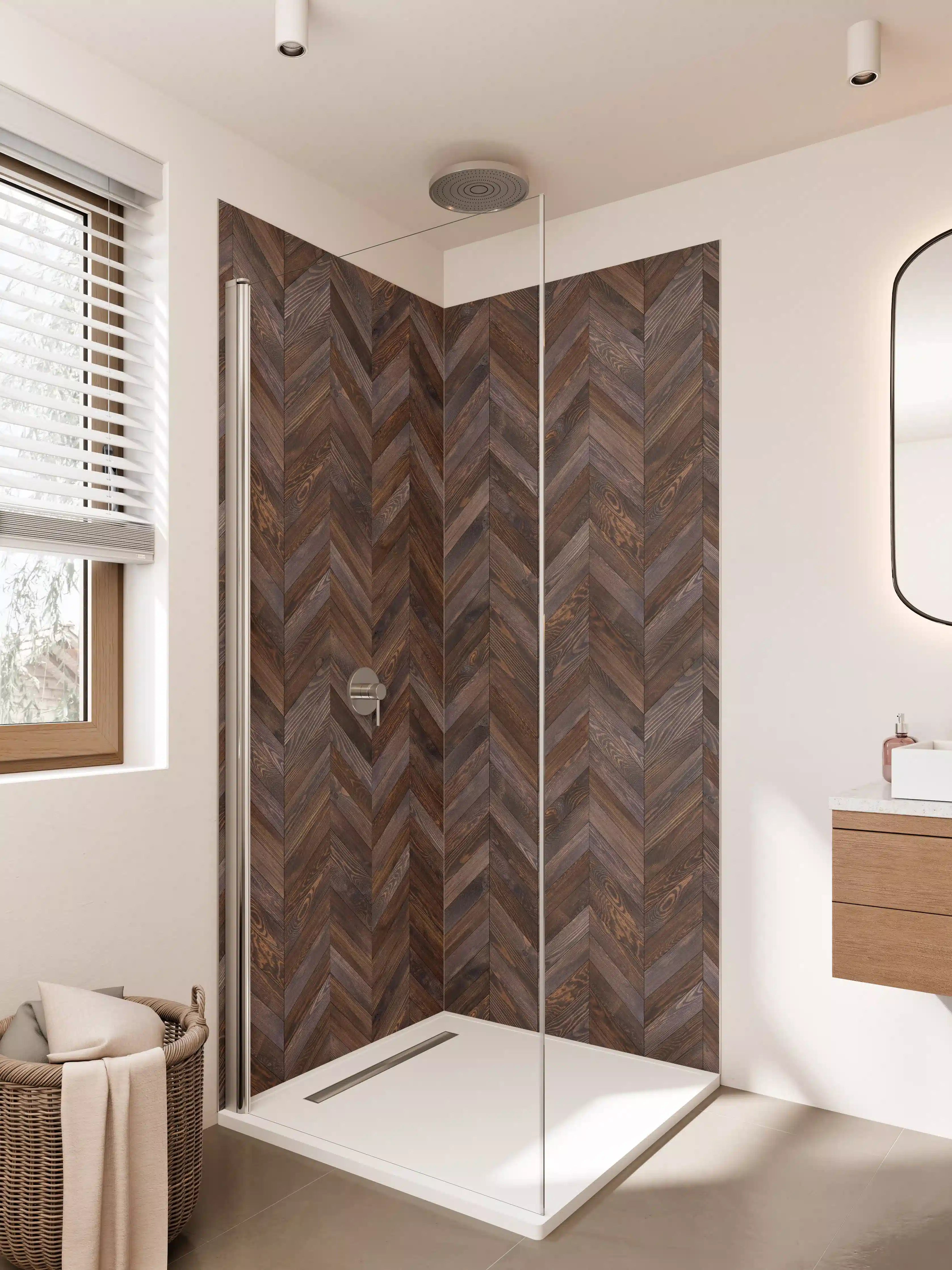 Duschrückwand - Vintage-Holzfliesen in Dunkelbraun