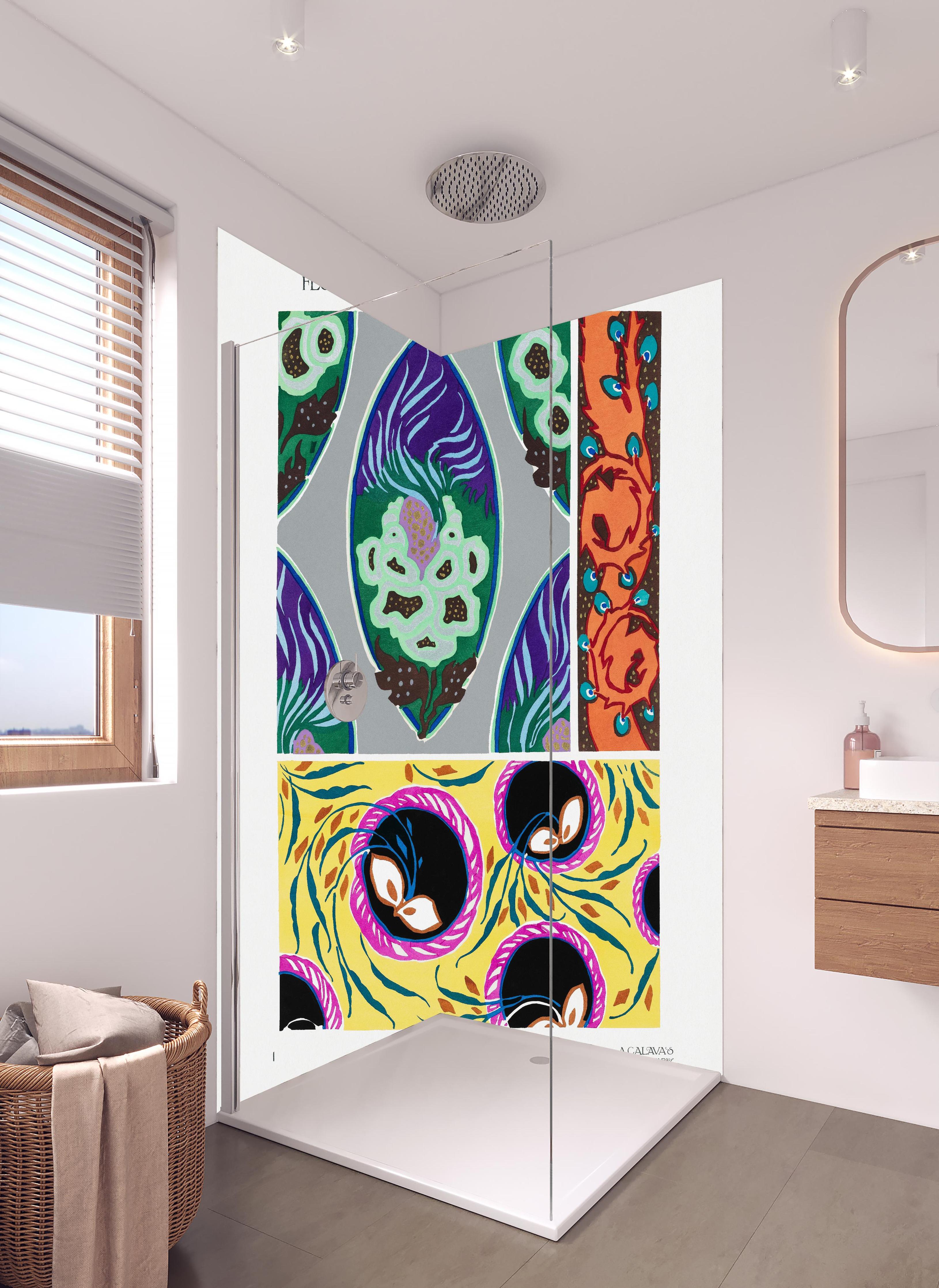 Duschrückwand - Vintage Kollage - Französisch in hellem Badezimmer mit Regenduschkopf - zweiteilige Eck-Duschrückwand