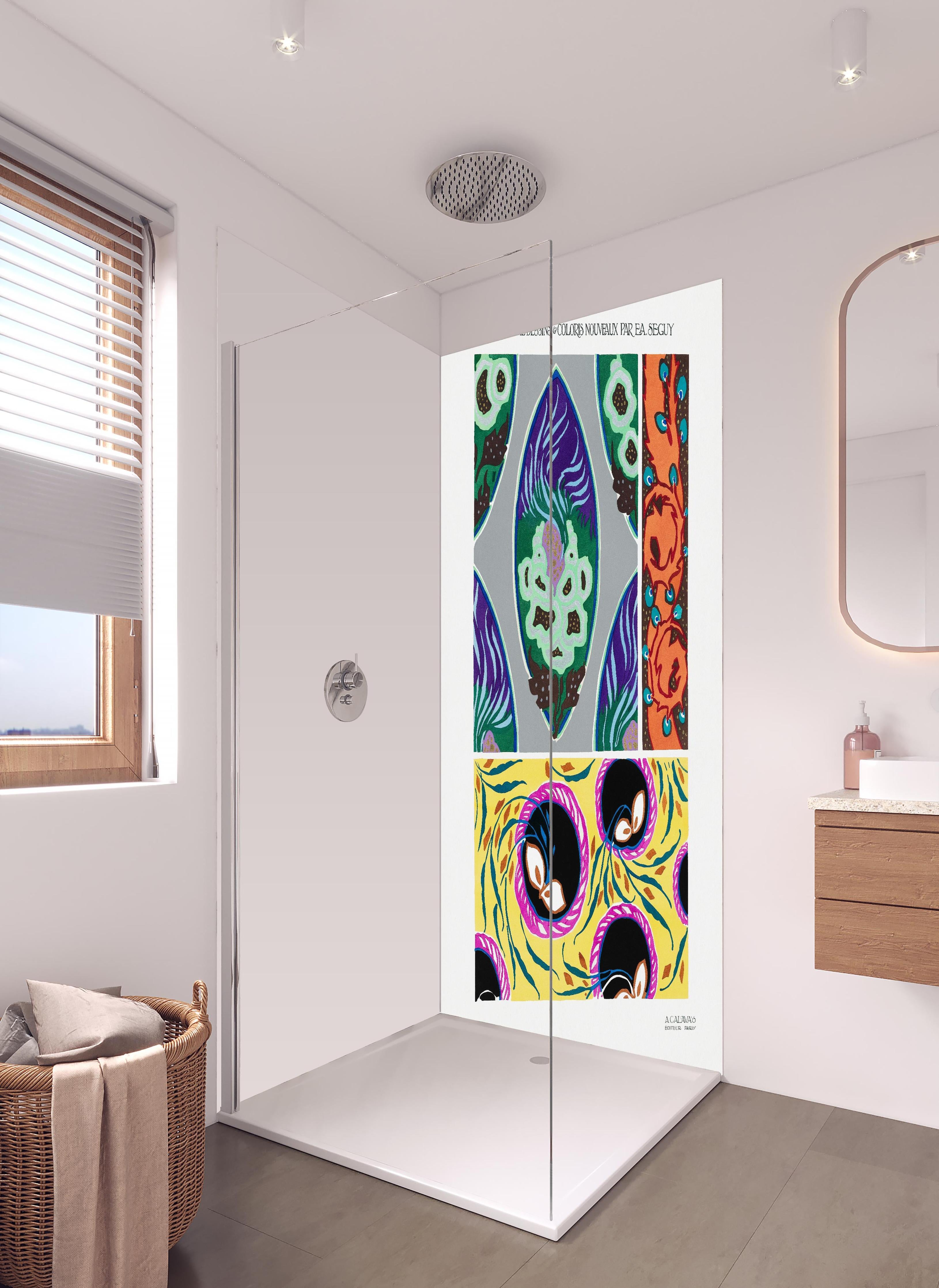 Duschrückwand - Vintage Kollage - Französisch in hellem Badezimmer mit Regenduschkopf - zweiteilige Eck-Duschrückwand