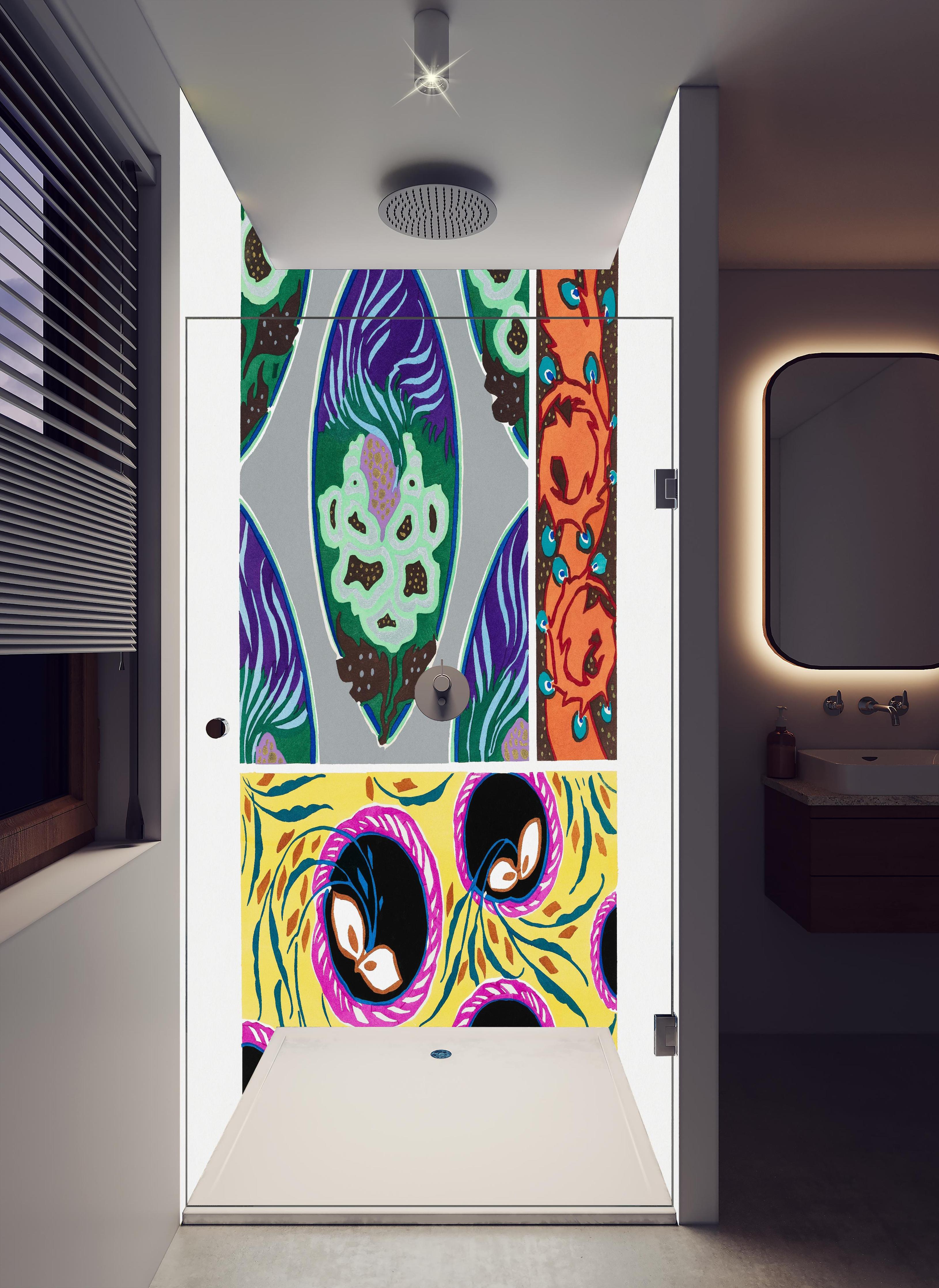 Duschrückwand - Vintage Kollage - Französisch in hellem Badezimmer mit Regenduschkopf - zweiteilige Eck-Duschrückwand