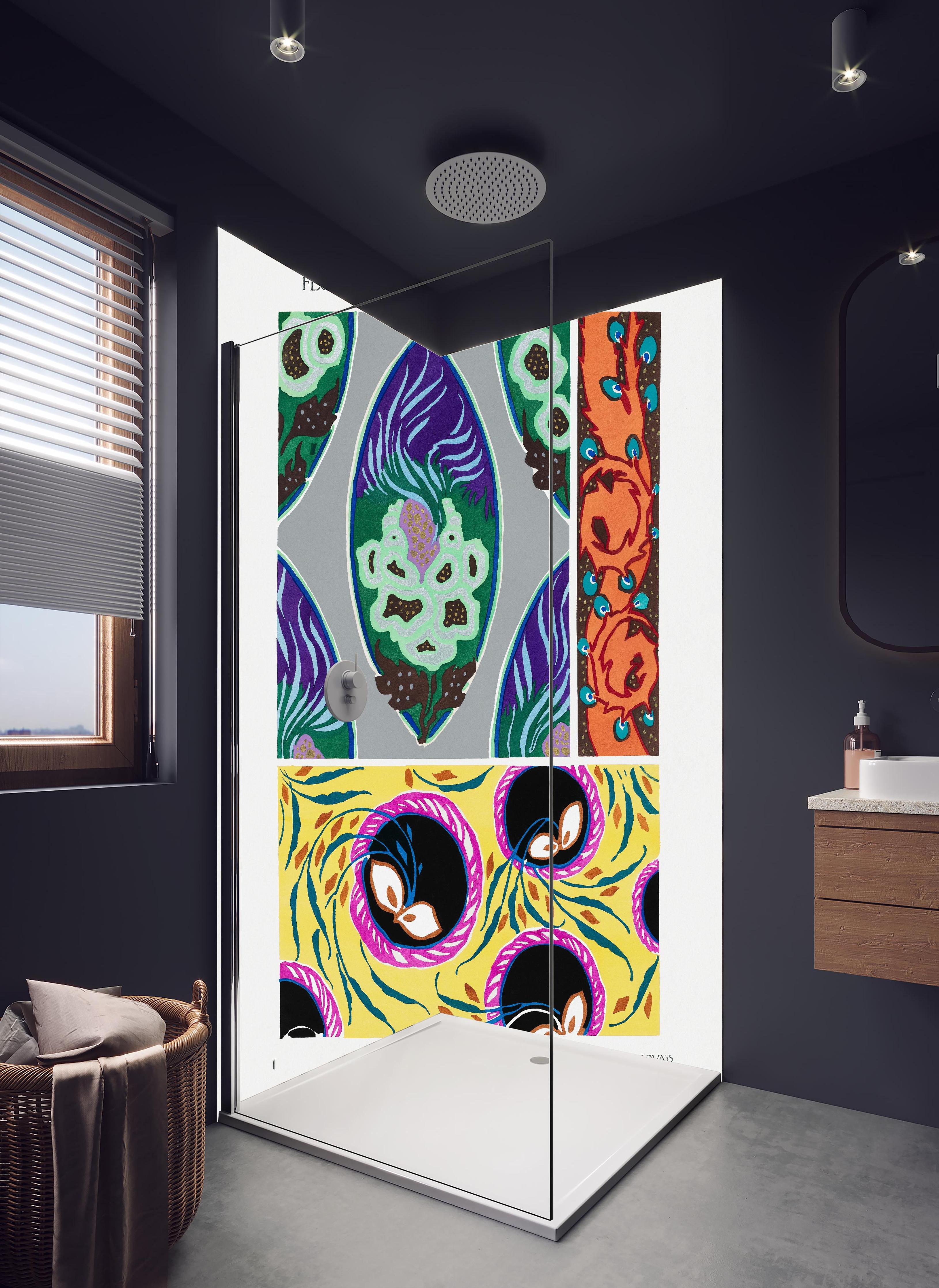 Duschrückwand - Vintage Kollage - Französisch in hellem Badezimmer mit Regenduschkopf - zweiteilige Eck-Duschrückwand