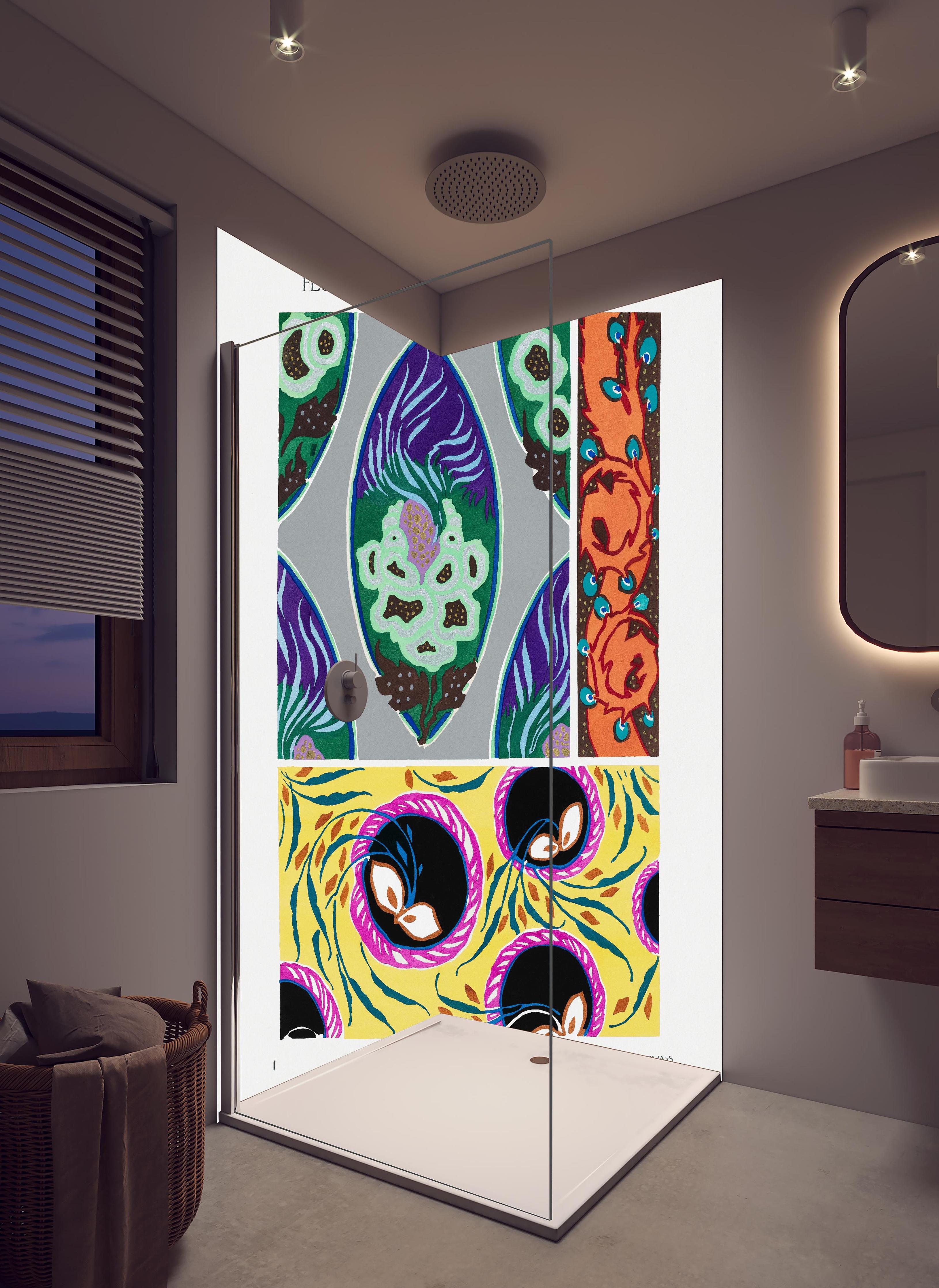 Duschrückwand - Vintage Kollage - Französisch in hellem Badezimmer mit Regenduschkopf - zweiteilige Eck-Duschrückwand