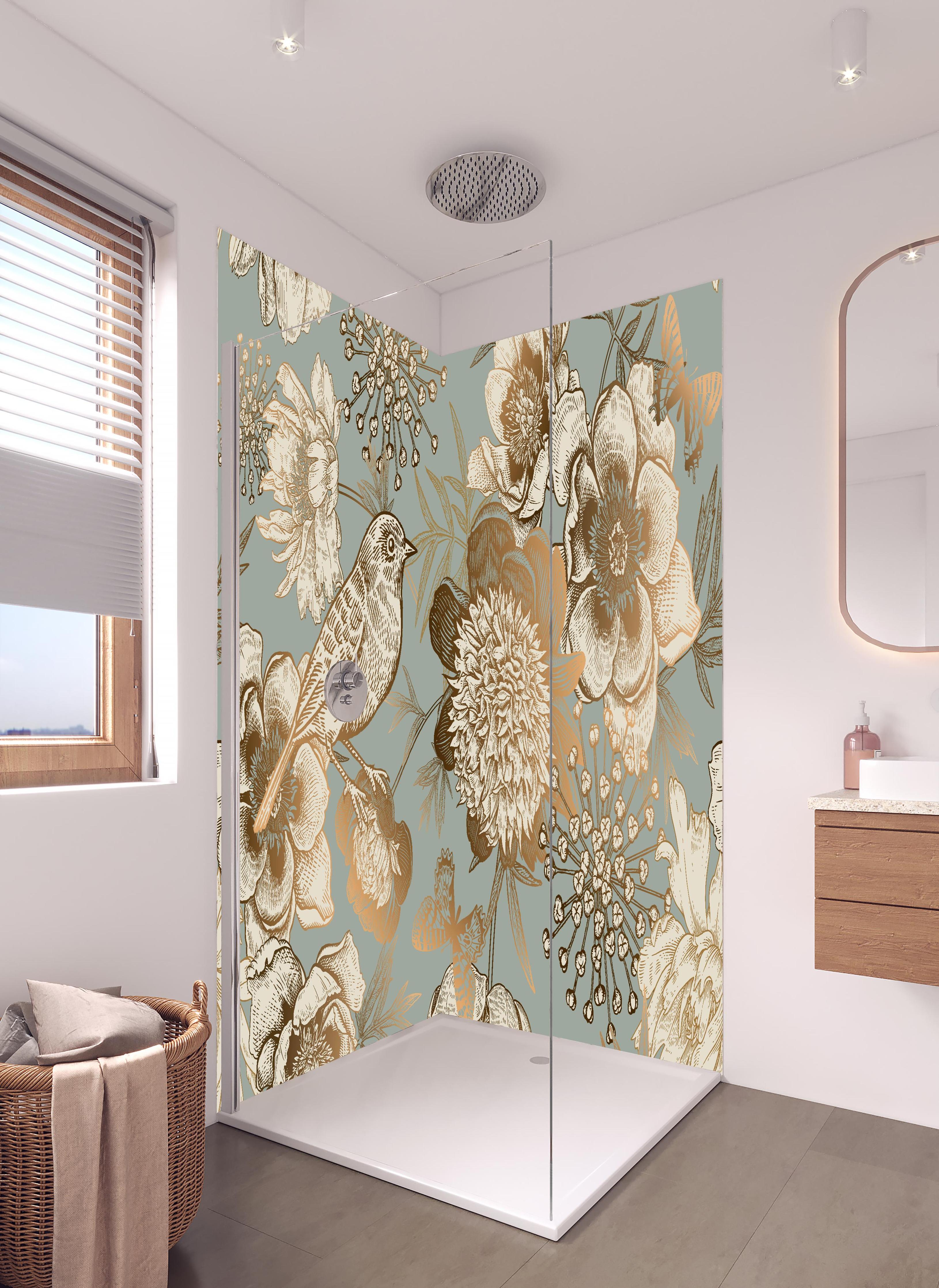 Duschrückwand - Vintage Peonien Vogelmotiv Beige Braun in hellem Badezimmer mit Regenduschkopf - zweiteilige Eck-Duschrückwand