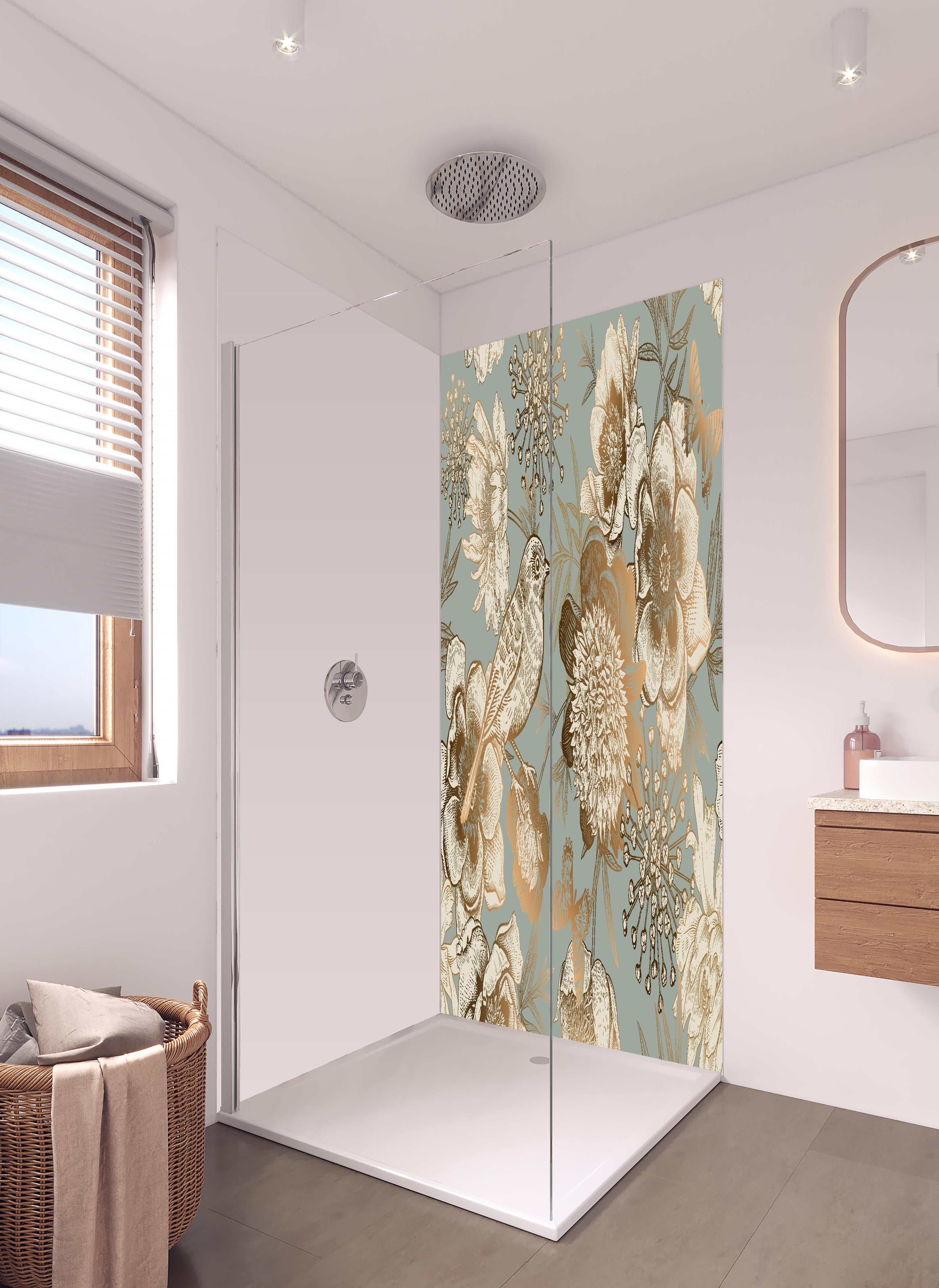Duschrückwand - Vintage Peonien Vogelmotiv Beige Braun in hellem Badezimmer mit Regenduschkopf - zweiteilige Eck-Duschrückwand