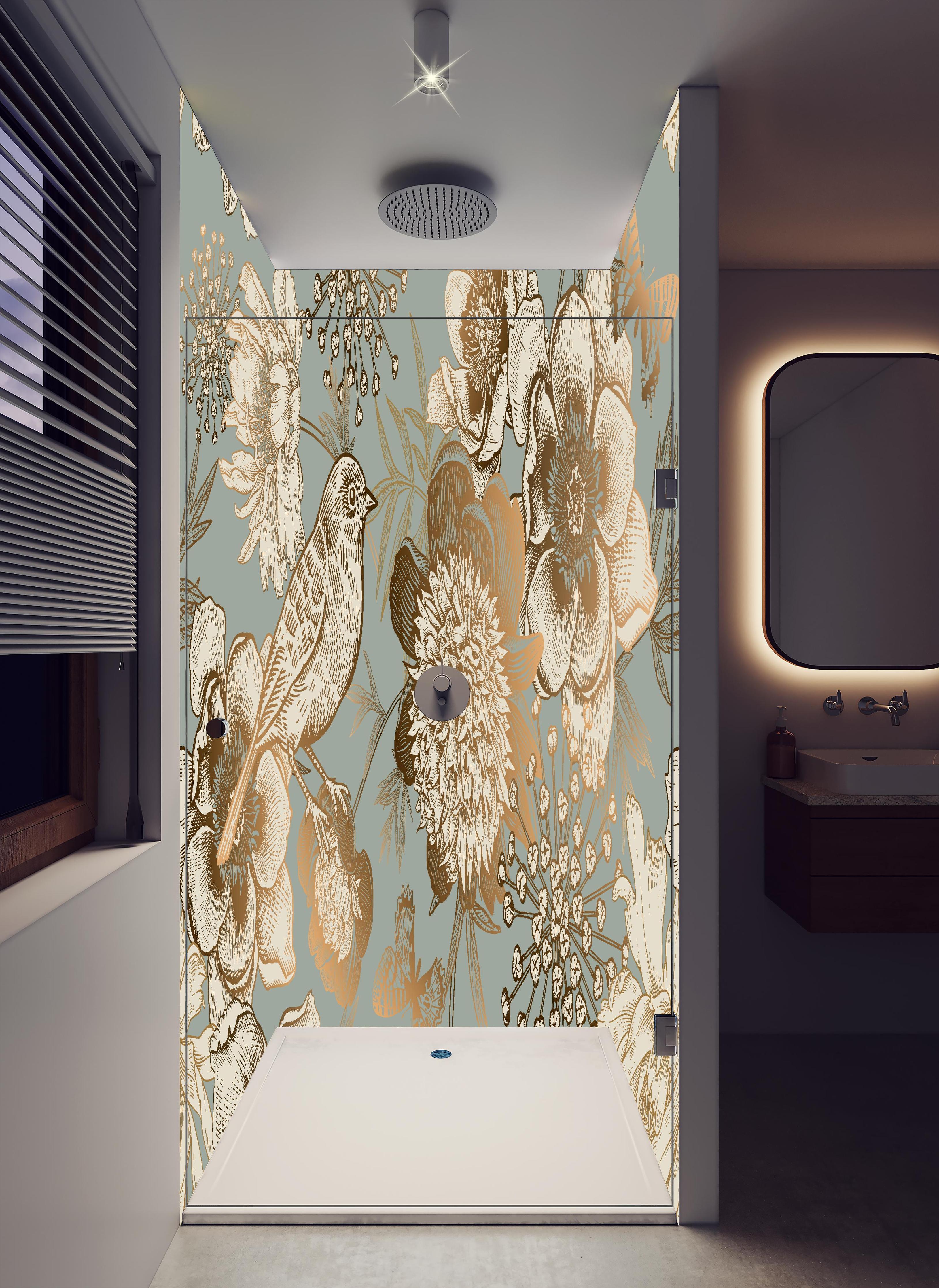 Duschrückwand - Vintage Peonien Vogelmotiv Beige Braun in hellem Badezimmer mit Regenduschkopf - zweiteilige Eck-Duschrückwand