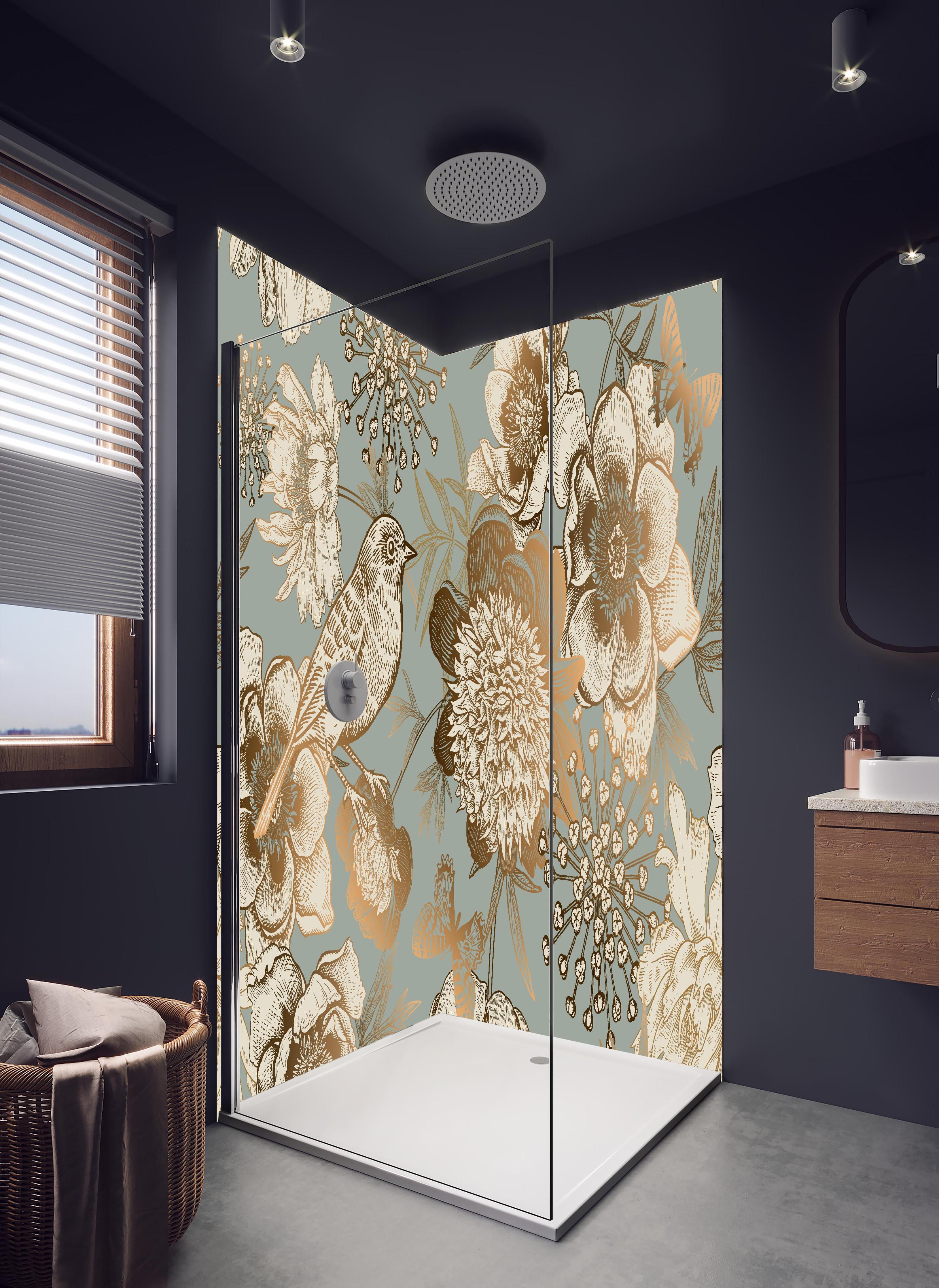 Duschrückwand - Vintage Peonien Vogelmotiv Beige Braun in hellem Badezimmer mit Regenduschkopf - zweiteilige Eck-Duschrückwand