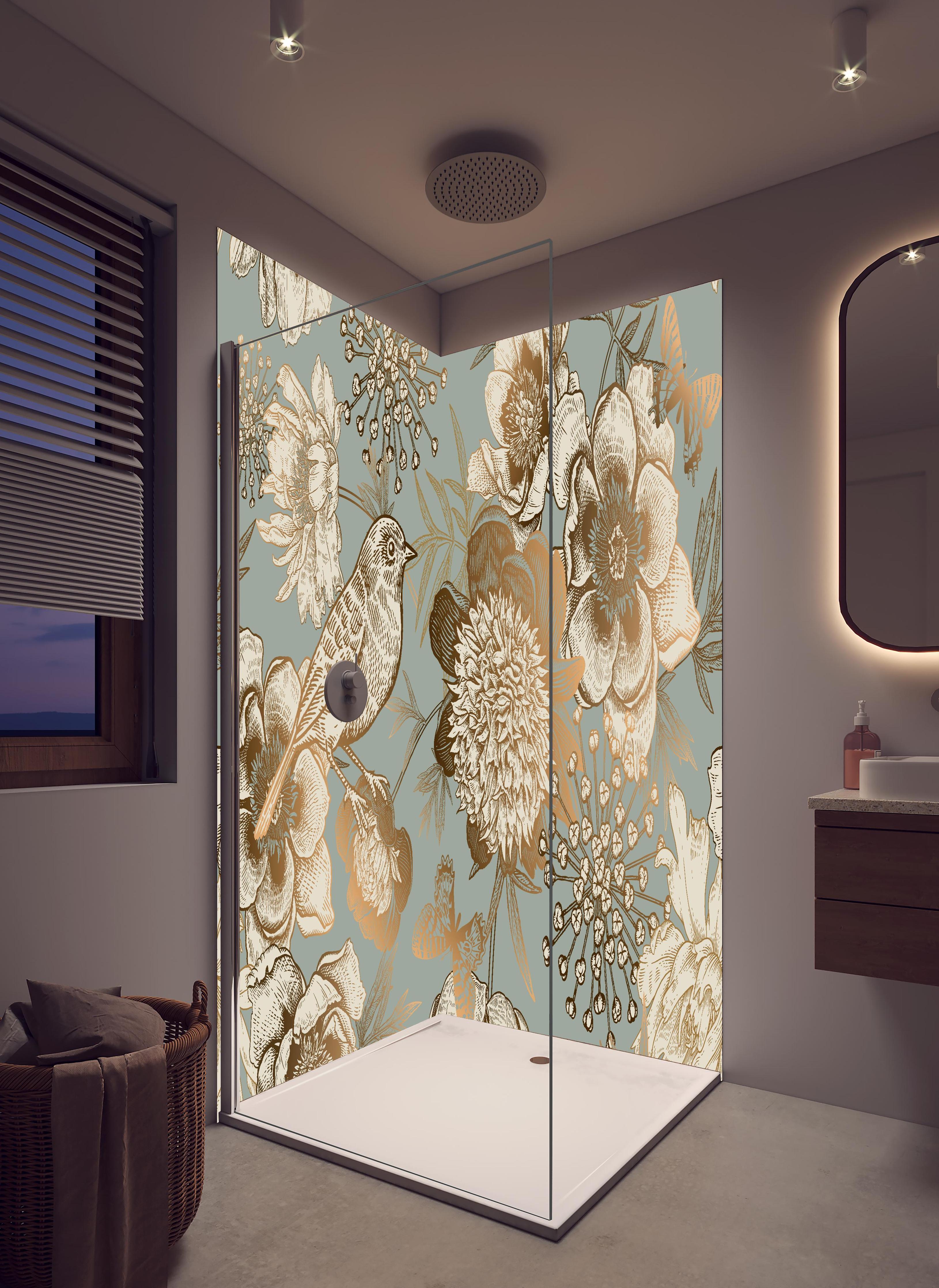 Duschrückwand - Vintage Peonien Vogelmotiv Beige Braun in hellem Badezimmer mit Regenduschkopf - zweiteilige Eck-Duschrückwand
