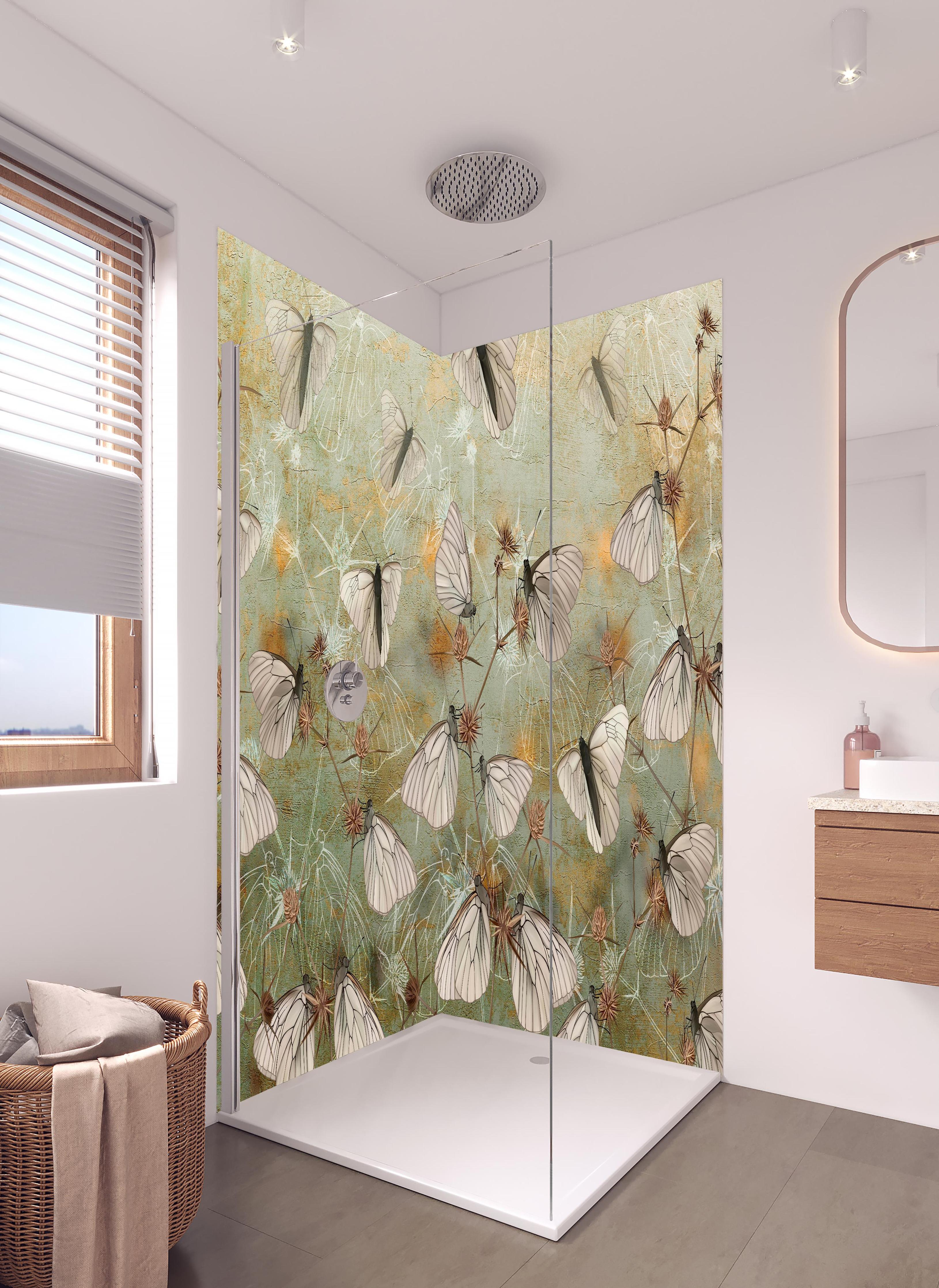 Duschrückwand - Vintage Schmetterling - Zeichnung in hellem Badezimmer mit Regenduschkopf - zweiteilige Eck-Duschrückwand