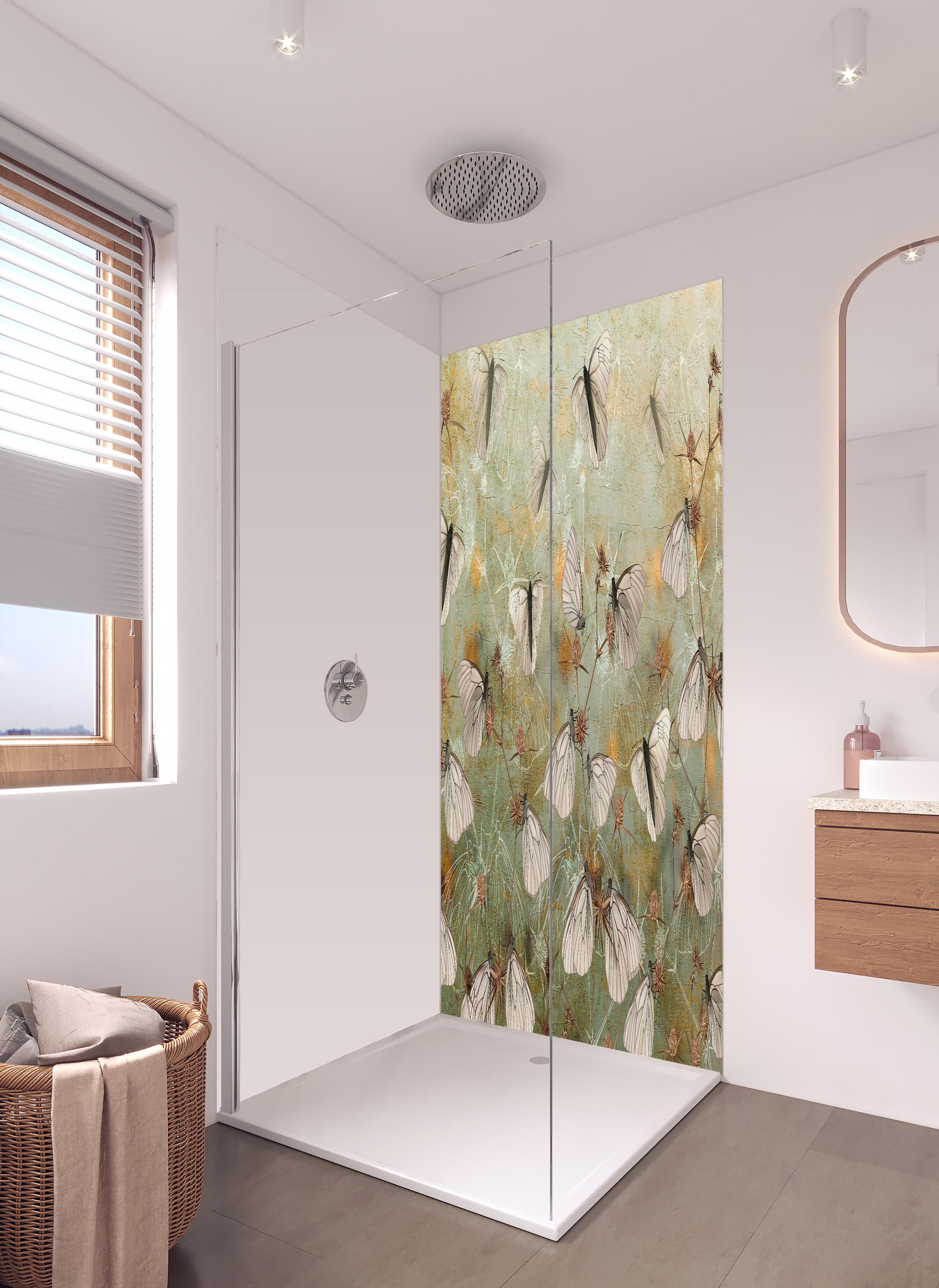 Duschrückwand - Vintage Schmetterling - Zeichnung in hellem Badezimmer mit Regenduschkopf - zweiteilige Eck-Duschrückwand