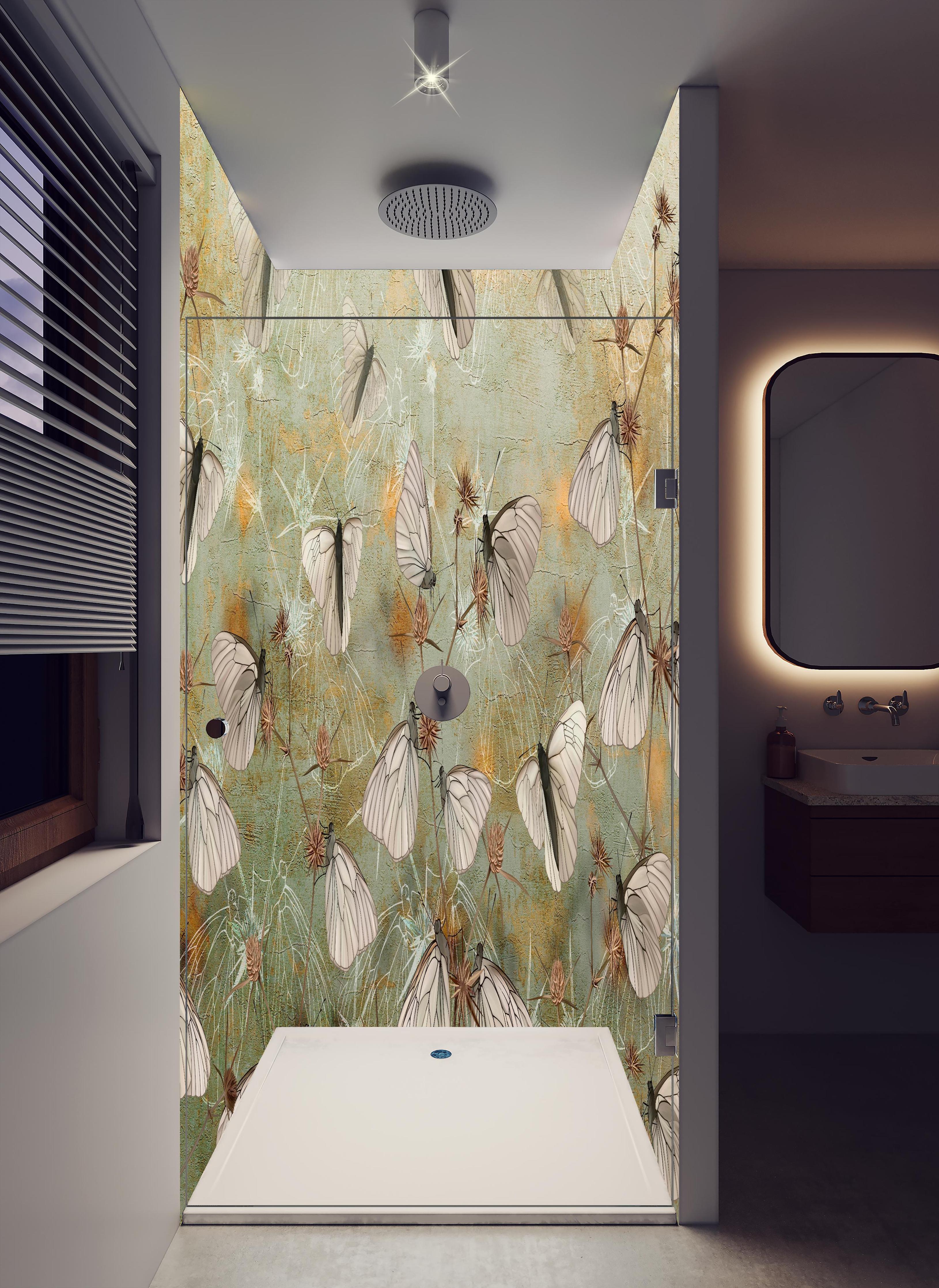 Duschrückwand - Vintage Schmetterling - Zeichnung in hellem Badezimmer mit Regenduschkopf - zweiteilige Eck-Duschrückwand