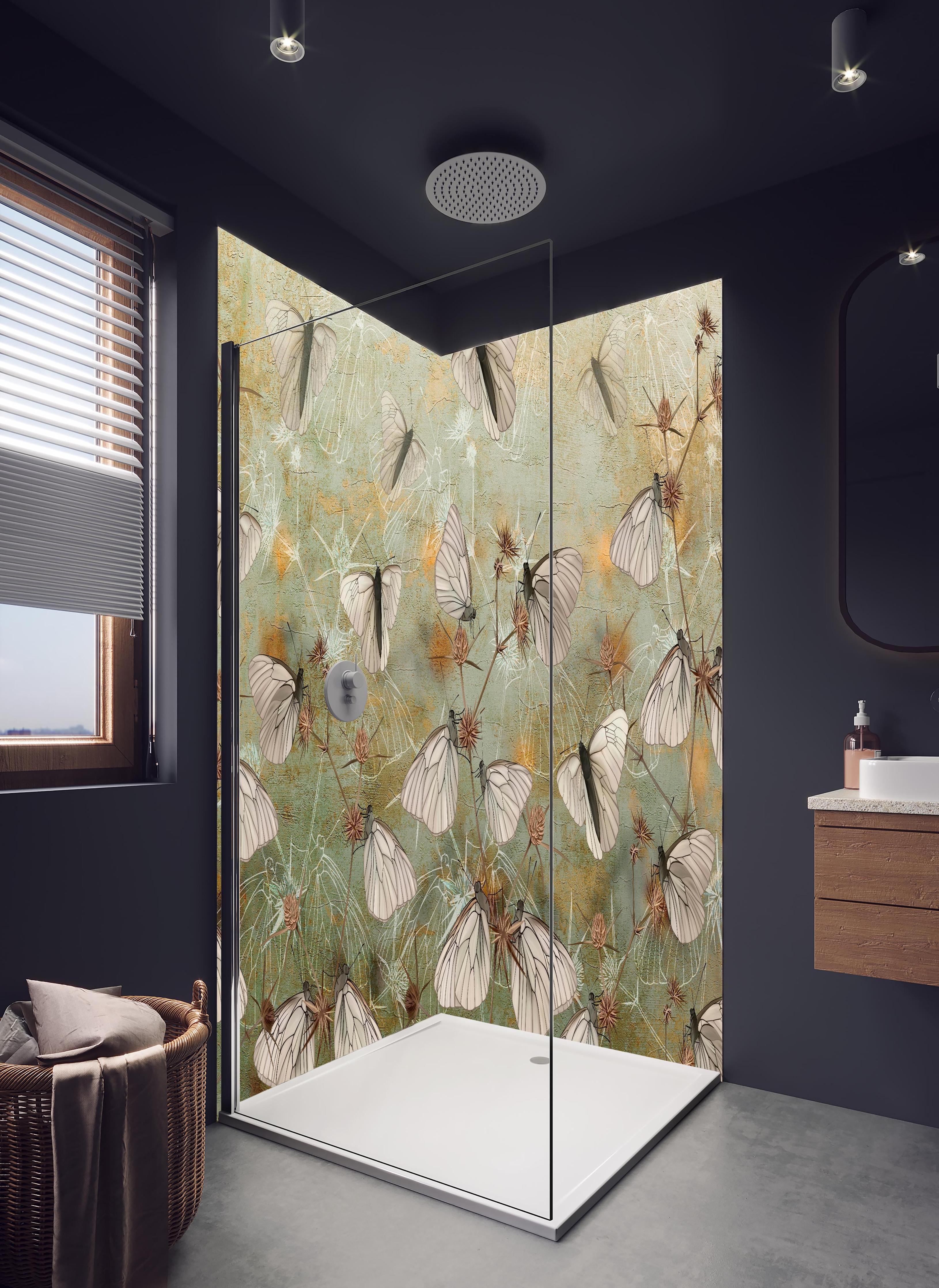 Duschrückwand - Vintage Schmetterling - Zeichnung in hellem Badezimmer mit Regenduschkopf - zweiteilige Eck-Duschrückwand