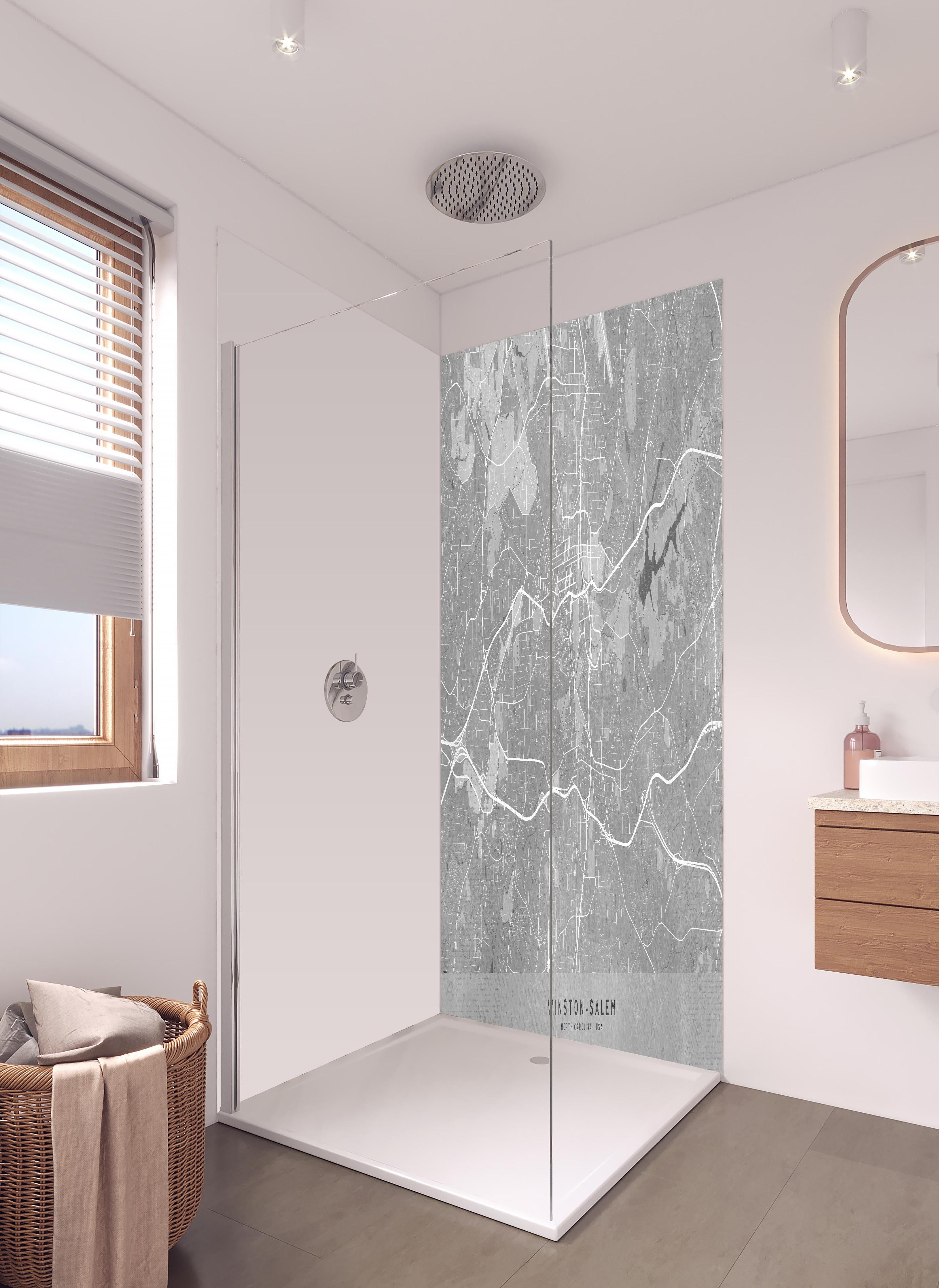 Duschrückwand - Vintage-Stadtplan Winston Salem in Grau in hellem Badezimmer mit Regenduschkopf - zweiteilige Eck-Duschrückwand