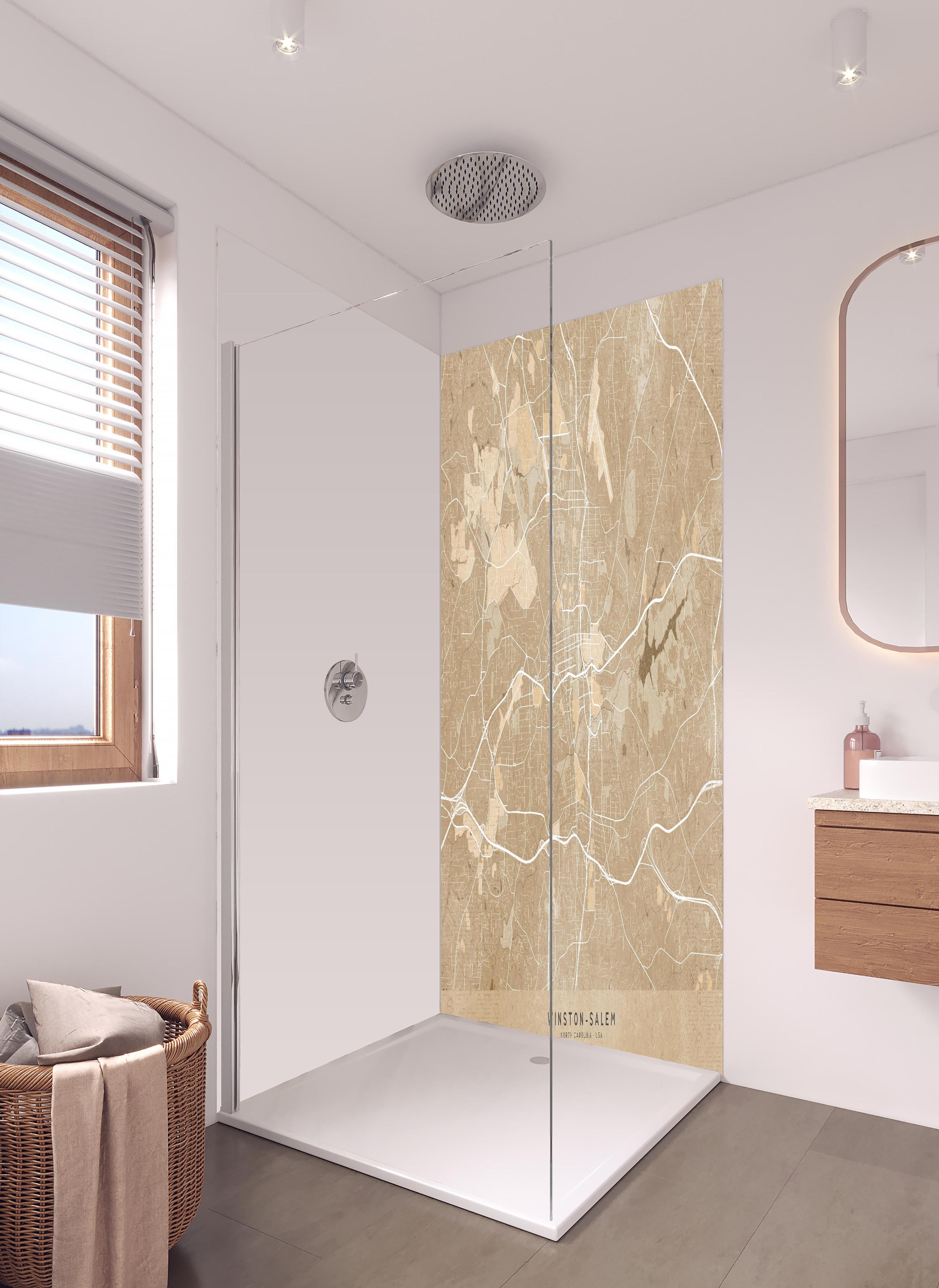 Duschrückwand - Vintage Stadtplan Winston Salem in Sepia in hellem Badezimmer mit Regenduschkopf - zweiteilige Eck-Duschrückwand