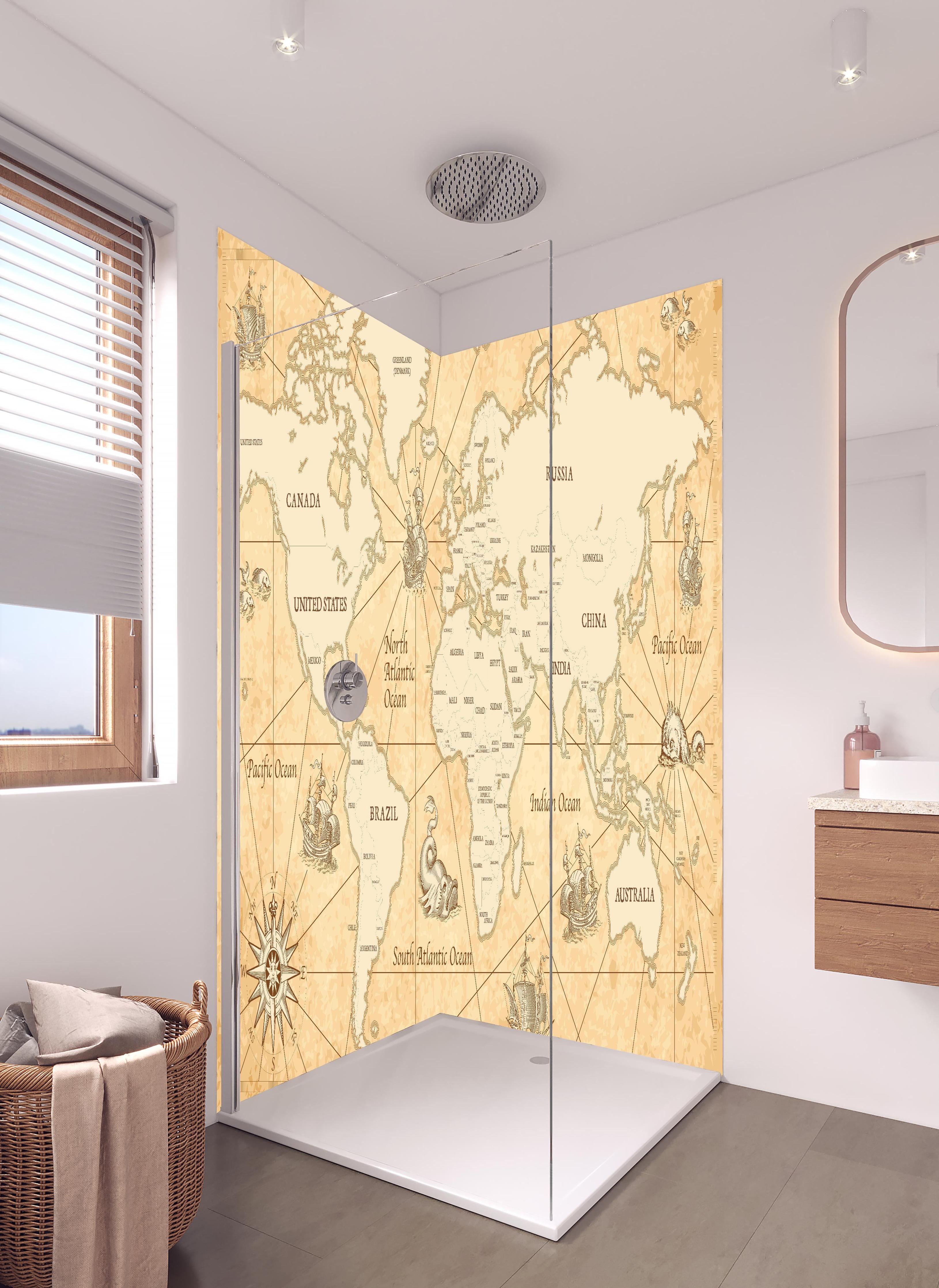 Duschrückwand - Vintage Stilisierte Antike Weltkarte Poster in hellem Badezimmer mit Regenduschkopf - zweiteilige Eck-Duschrückwand