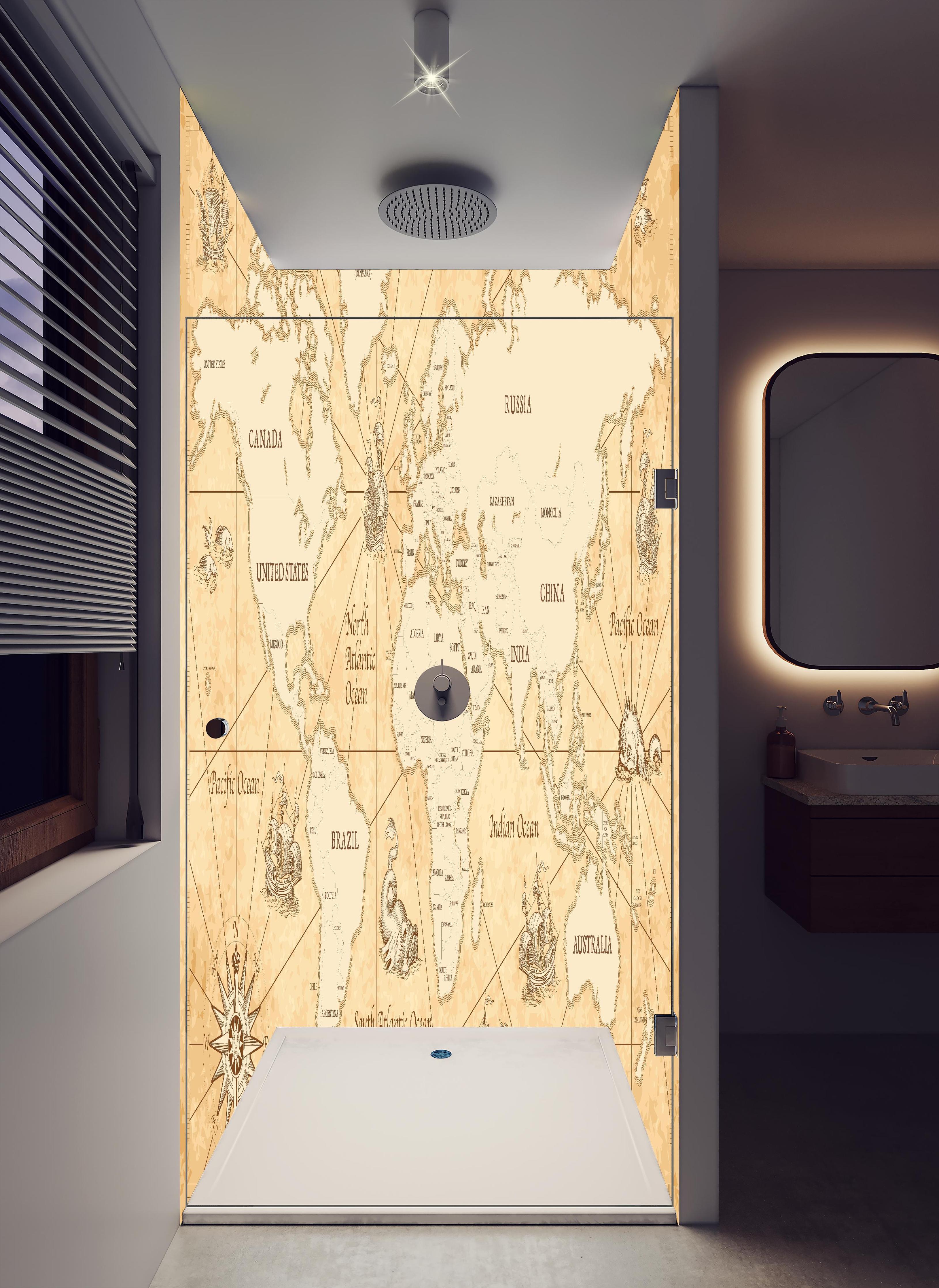 Duschrückwand - Vintage Stilisierte Antike Weltkarte Poster in hellem Badezimmer mit Regenduschkopf - zweiteilige Eck-Duschrückwand
