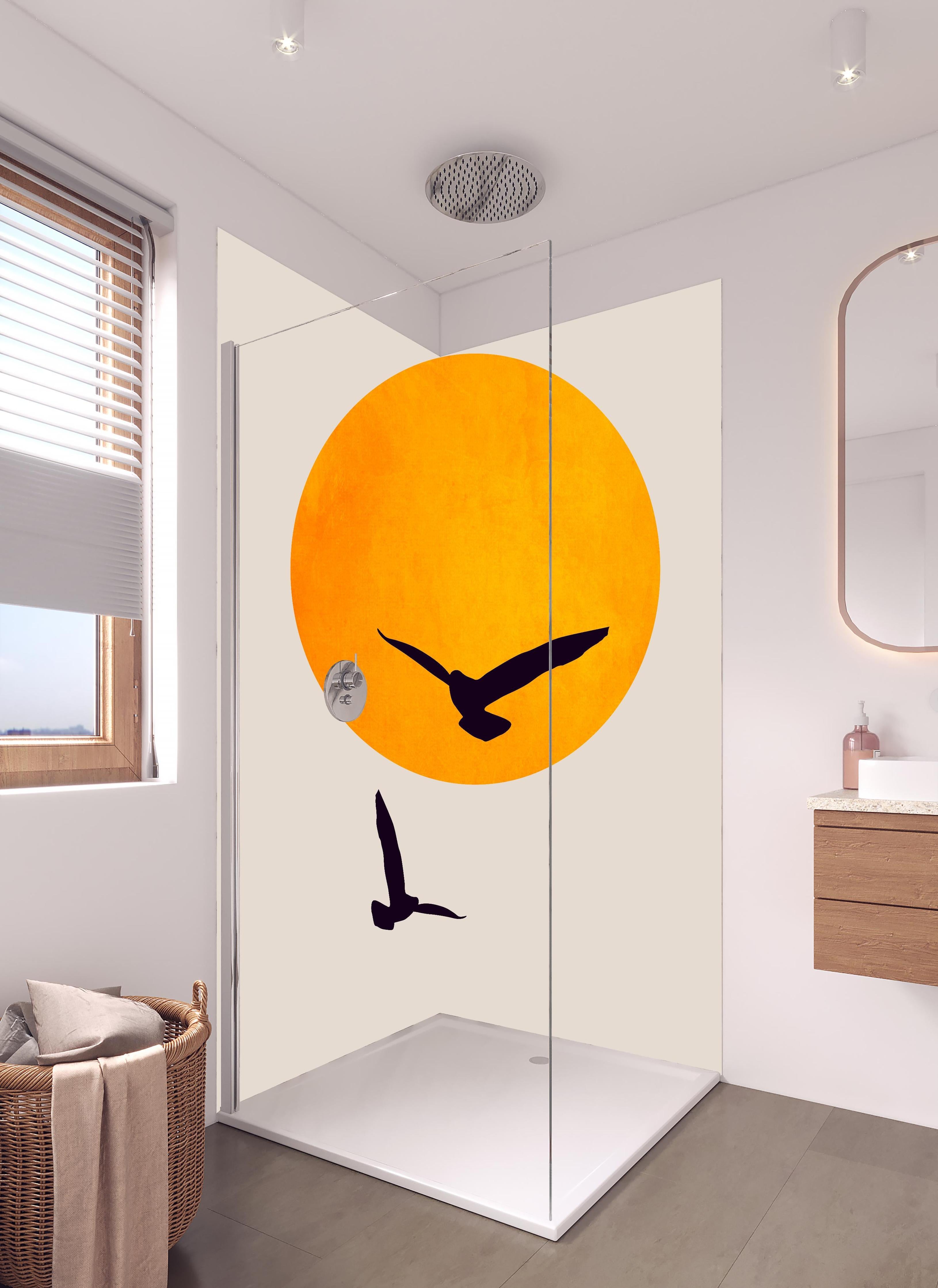 Duschrückwand - Vögel im Himmel - Grafik in hellem Badezimmer mit Regenduschkopf - zweiteilige Eck-Duschrückwand