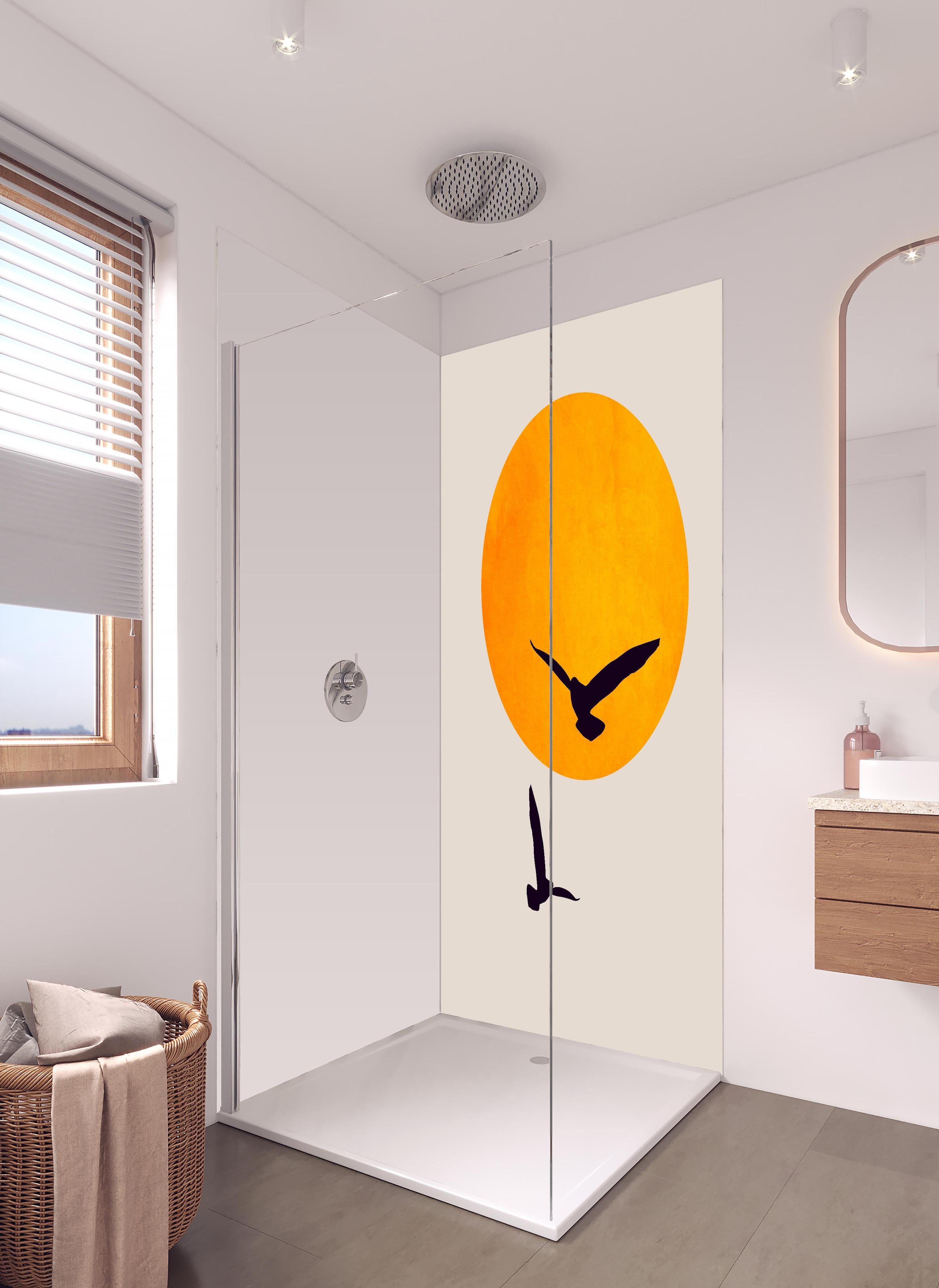 Duschrückwand - Vögel im Himmel - Grafik in hellem Badezimmer mit Regenduschkopf - zweiteilige Eck-Duschrückwand