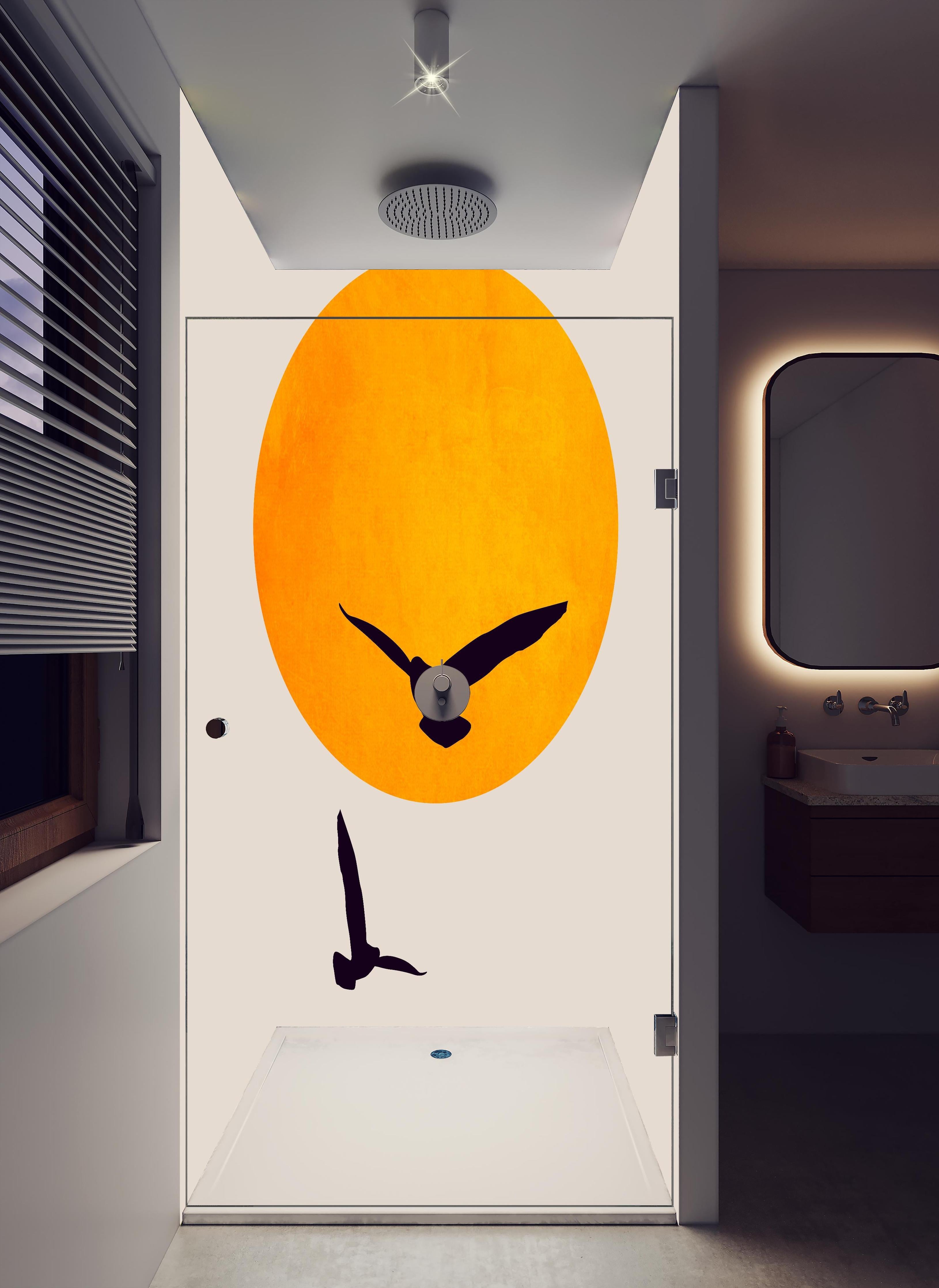 Duschrückwand - Vögel im Himmel - Grafik in hellem Badezimmer mit Regenduschkopf - zweiteilige Eck-Duschrückwand
