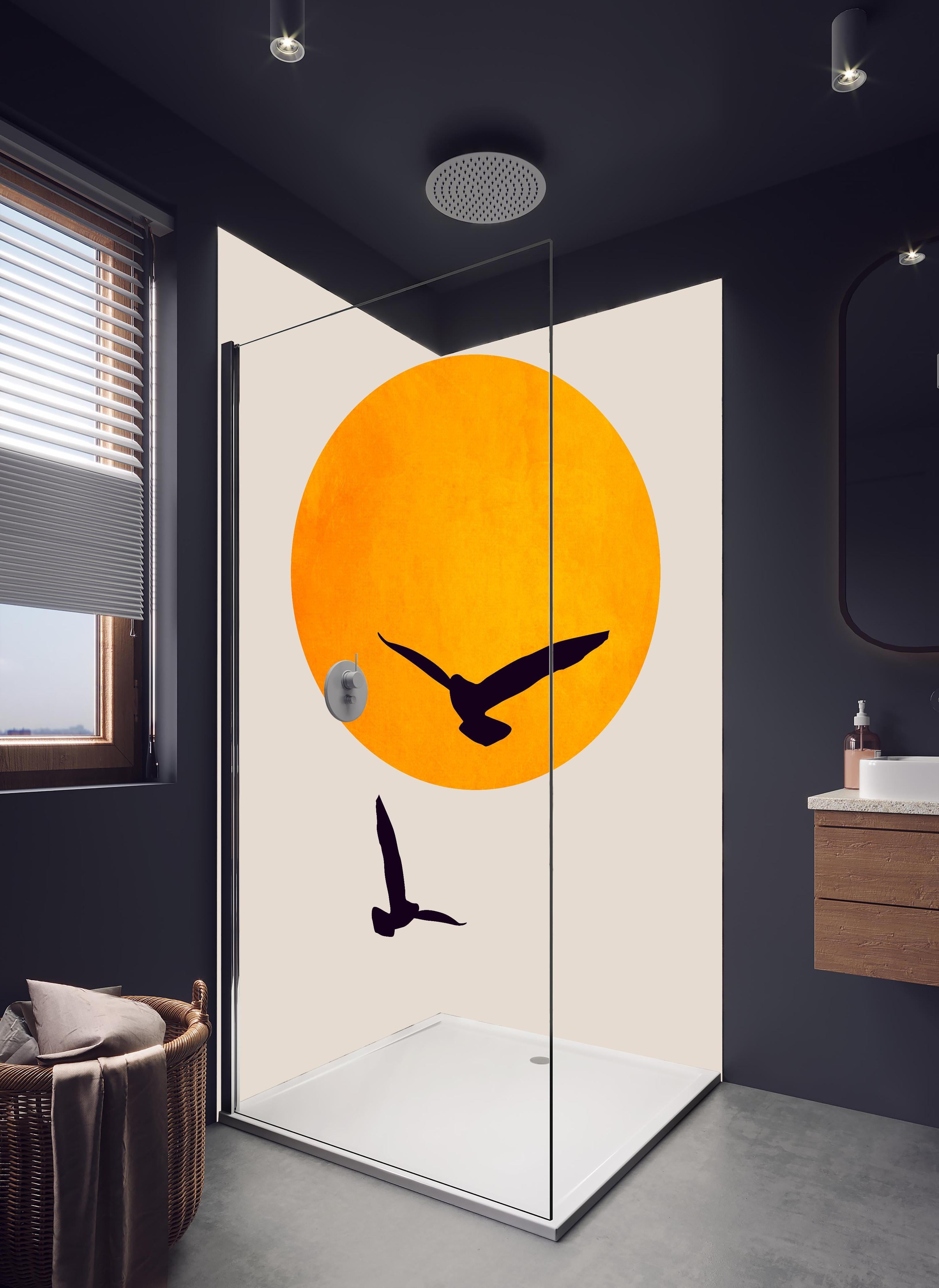 Duschrückwand - Vögel im Himmel - Grafik in hellem Badezimmer mit Regenduschkopf - zweiteilige Eck-Duschrückwand