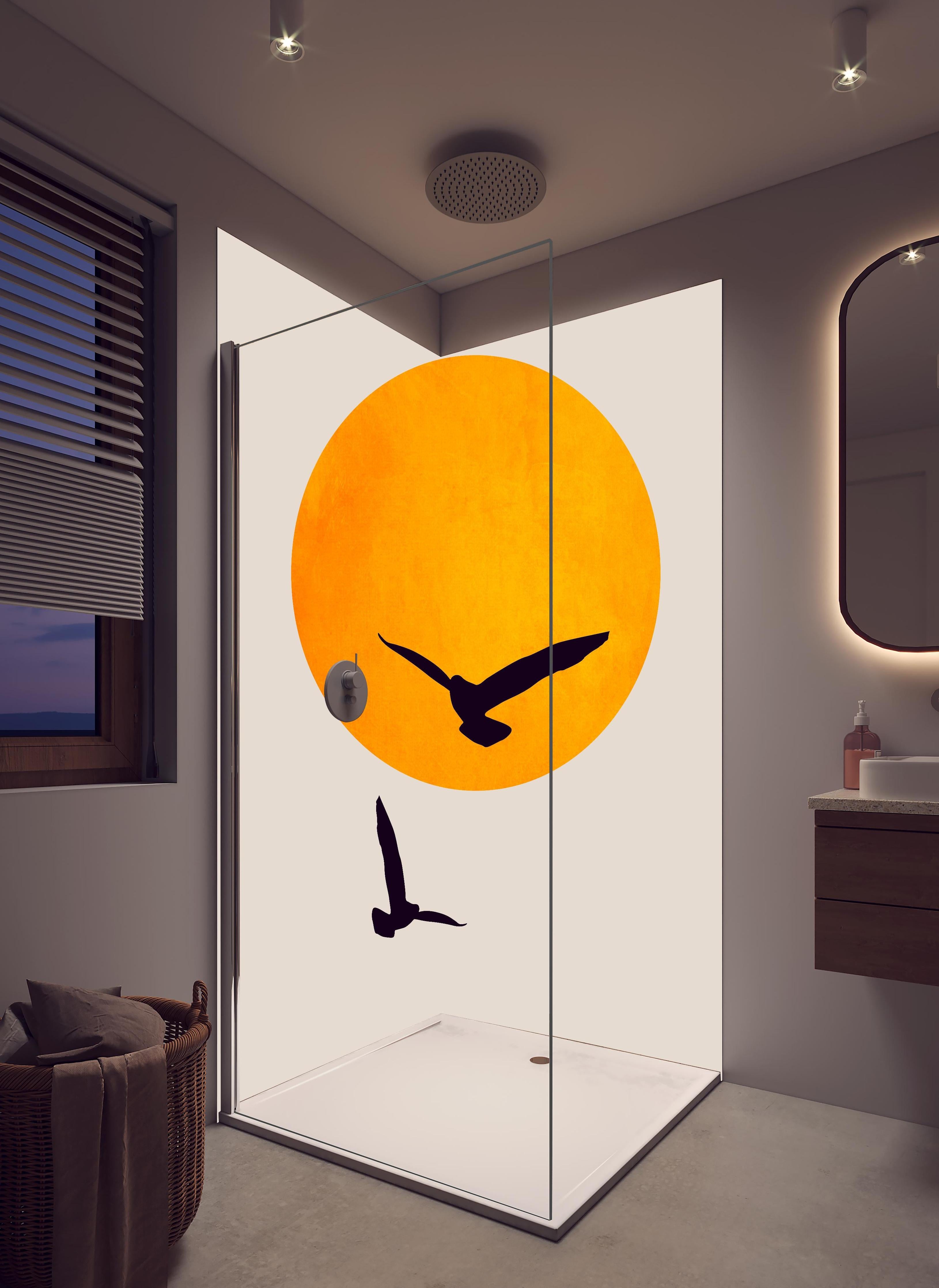Duschrückwand - Vögel im Himmel - Grafik in hellem Badezimmer mit Regenduschkopf - zweiteilige Eck-Duschrückwand
