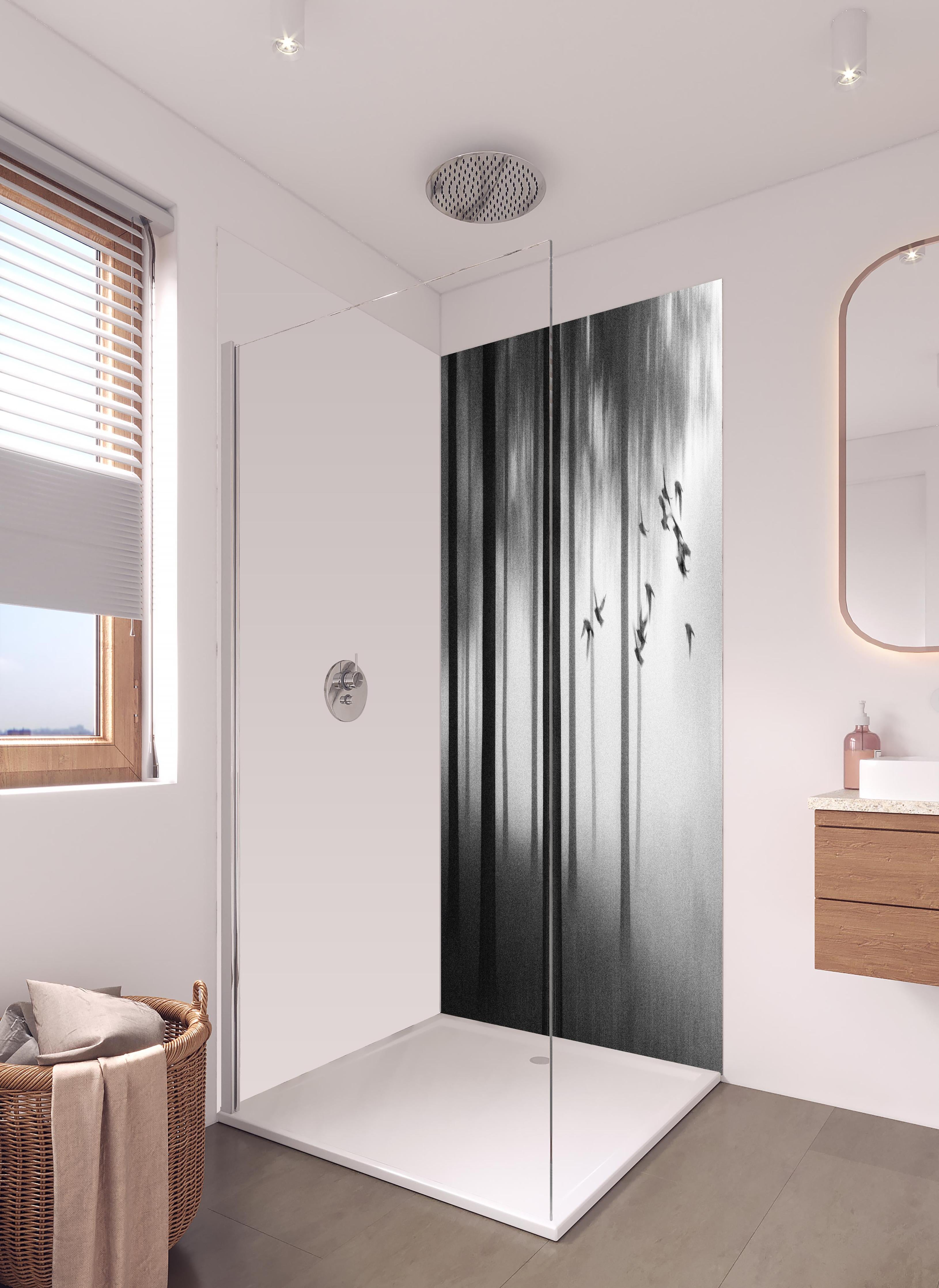 Duschrückwand - Vögel im Nebel Wald in hellem Badezimmer mit Regenduschkopf - zweiteilige Eck-Duschrückwand