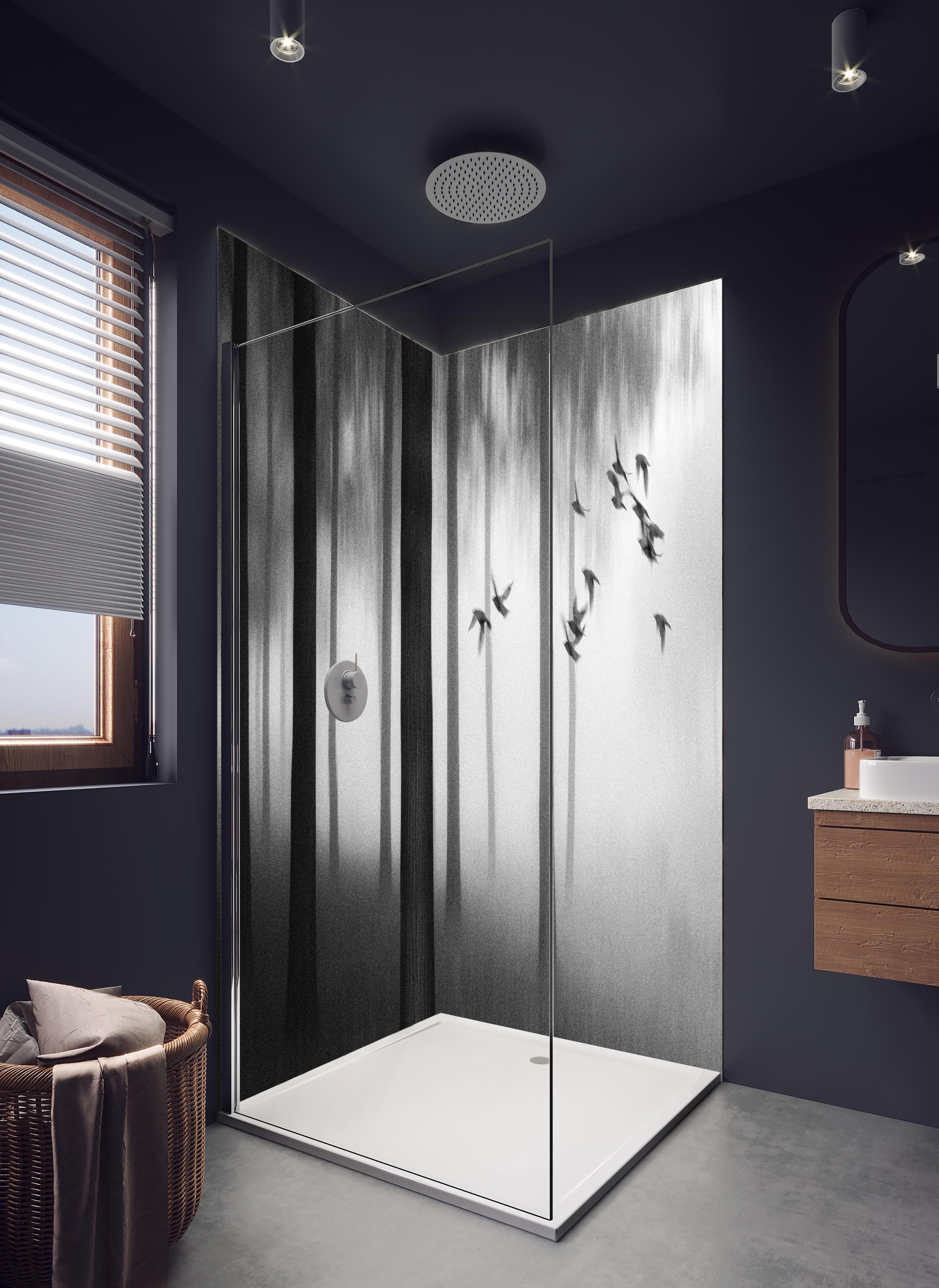 Duschrückwand - Vögel im Nebel Wald in hellem Badezimmer mit Regenduschkopf - zweiteilige Eck-Duschrückwand