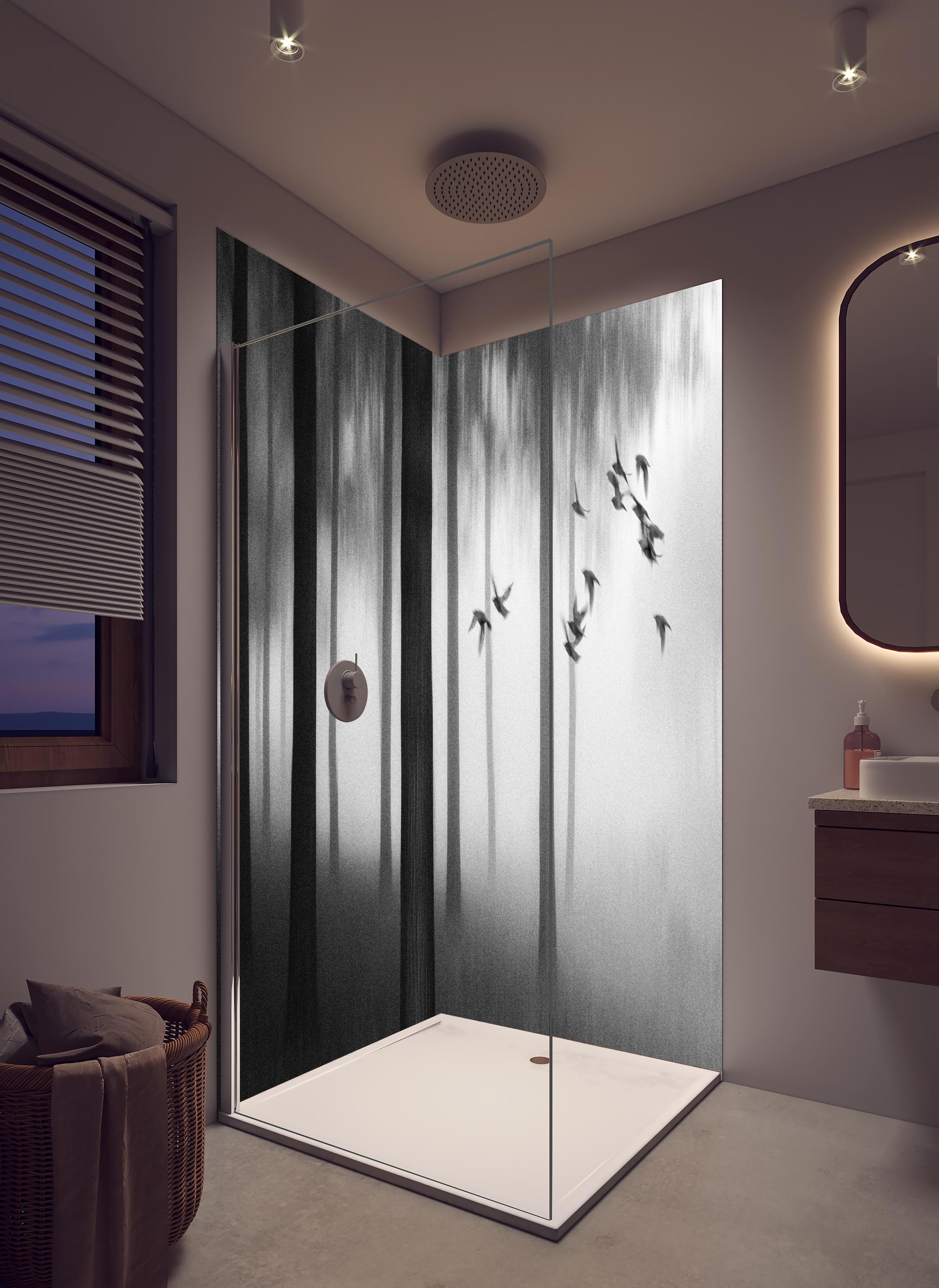 Duschrückwand - Vögel im Nebel Wald in hellem Badezimmer mit Regenduschkopf - zweiteilige Eck-Duschrückwand