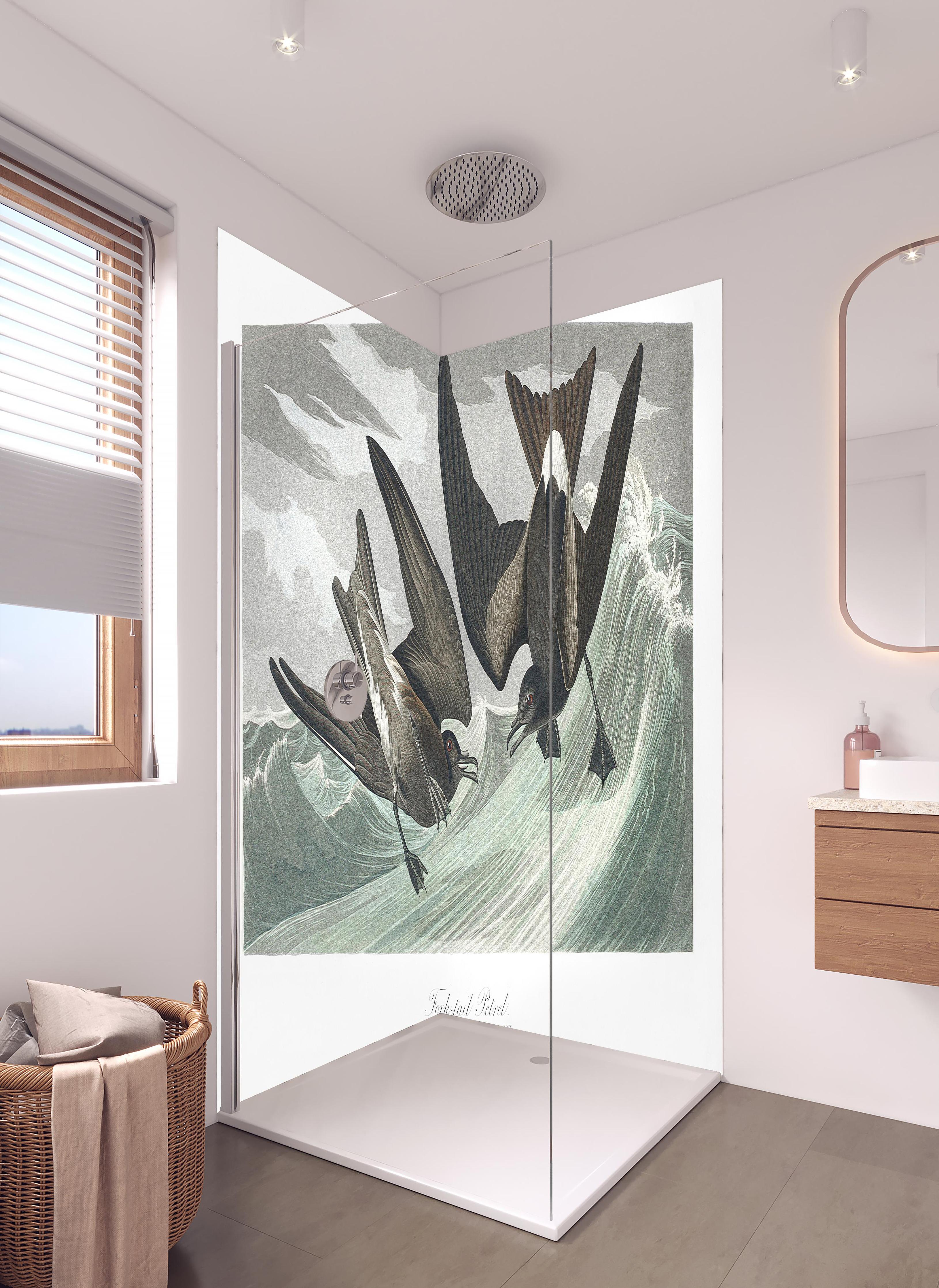 Duschrückwand - Vögel mitten im Meer - Robert Havell in hellem Badezimmer mit Regenduschkopf - zweiteilige Eck-Duschrückwand