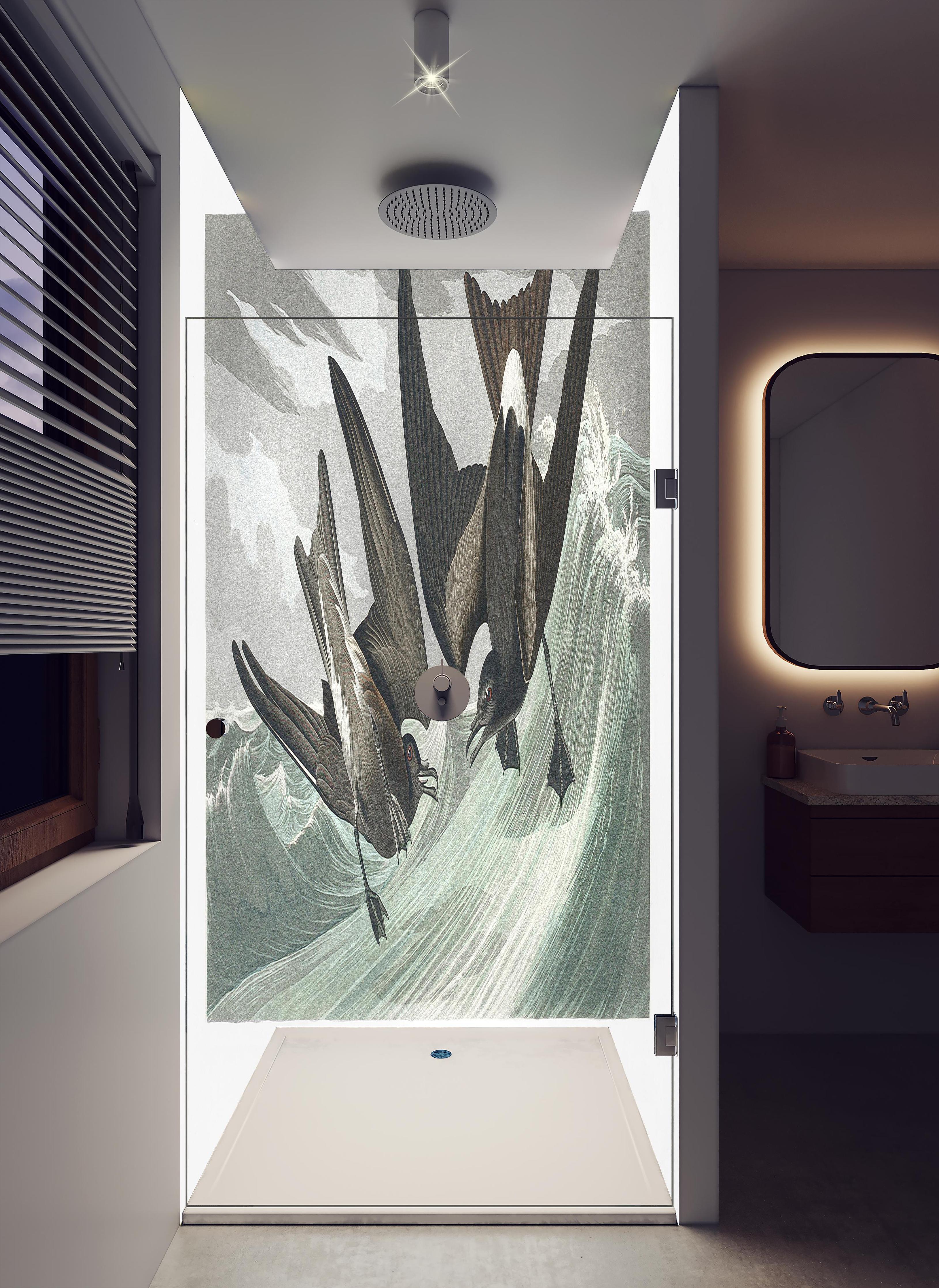 Duschrückwand - Vögel mitten im Meer - Robert Havell in hellem Badezimmer mit Regenduschkopf - zweiteilige Eck-Duschrückwand