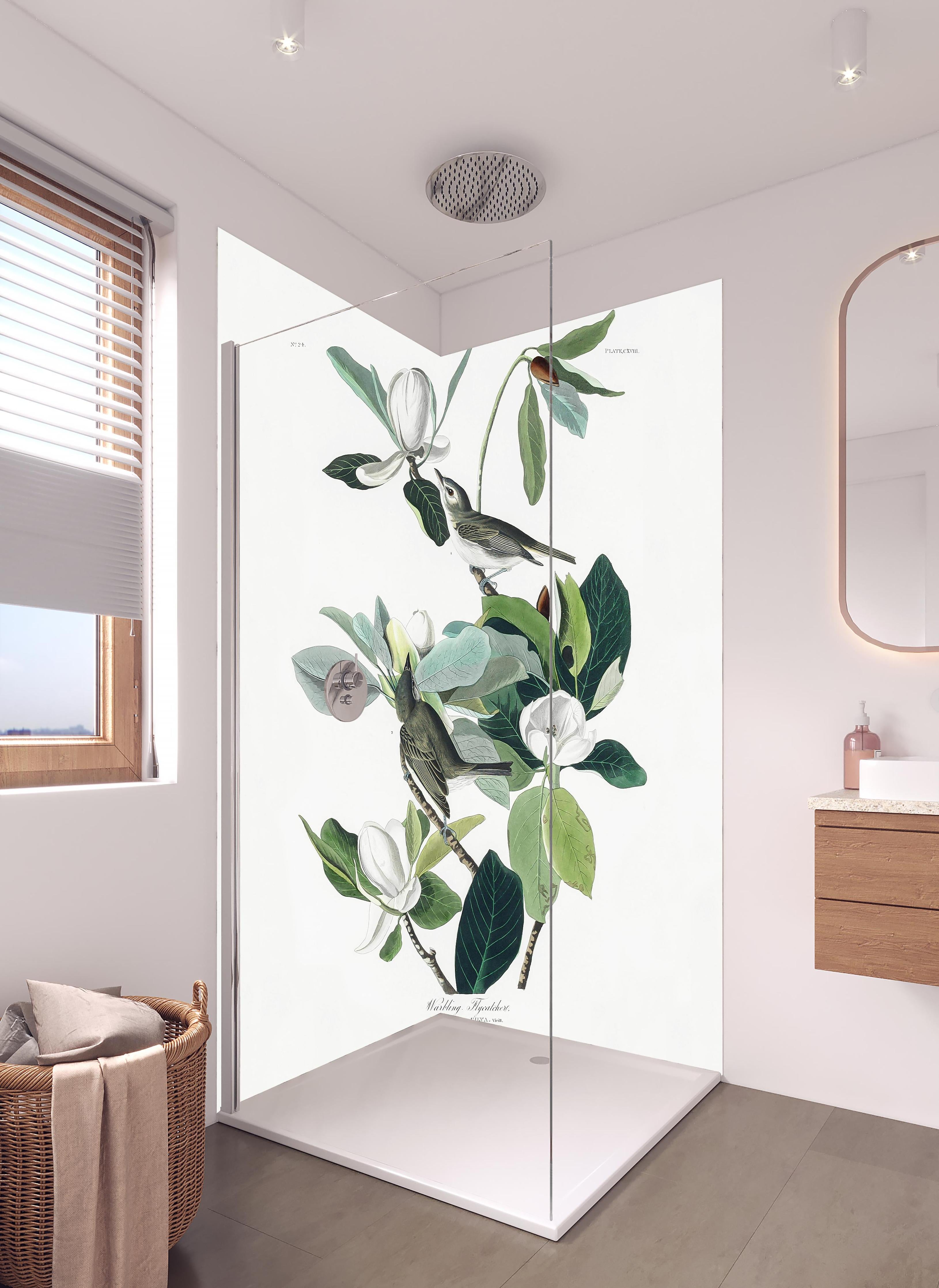 Duschrückwand - Vogel Gemälde - John James Audubon in hellem Badezimmer mit Regenduschkopf - zweiteilige Eck-Duschrückwand