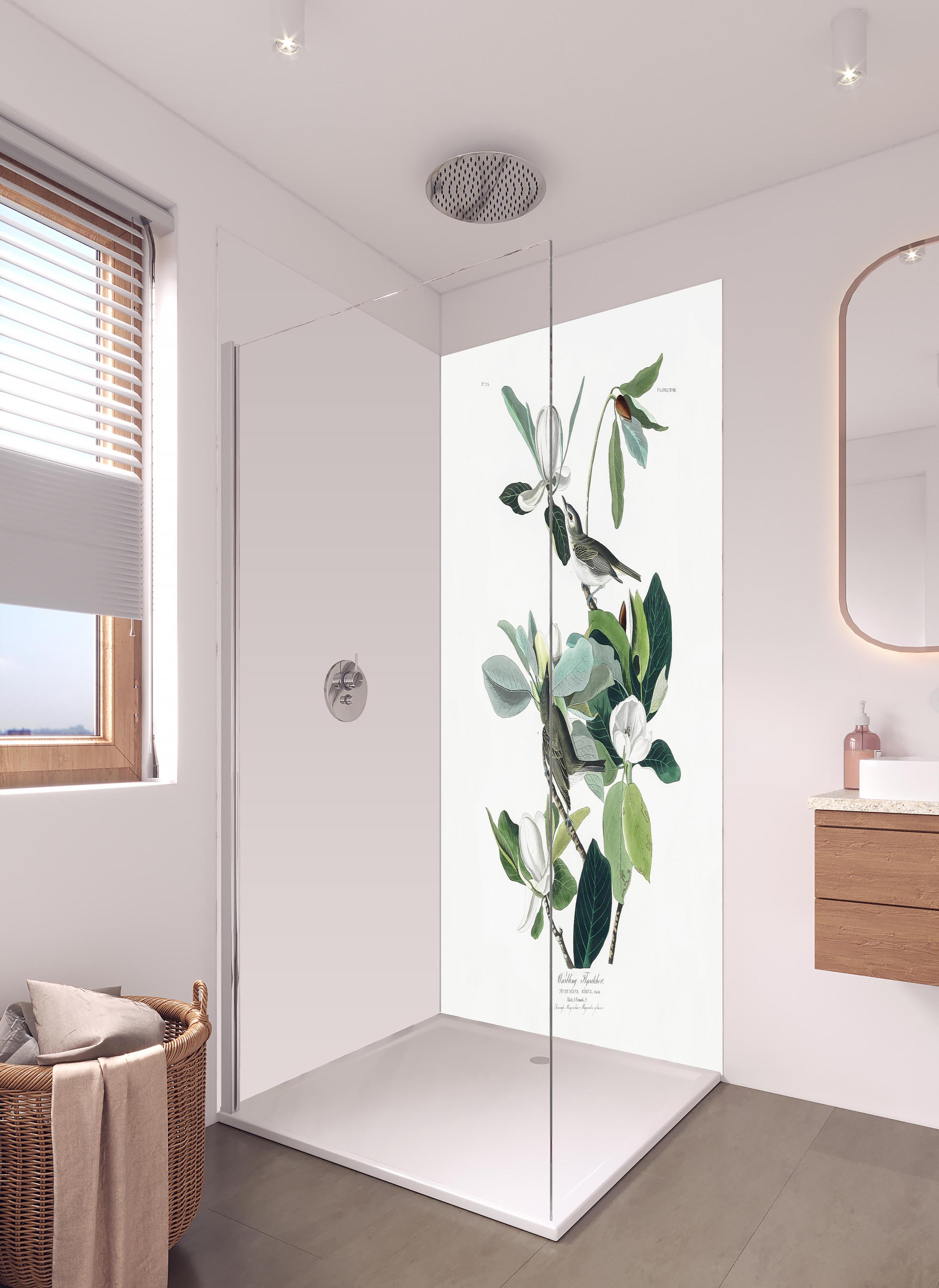 Duschrückwand - Vogel Gemälde - John James Audubon in hellem Badezimmer mit Regenduschkopf - zweiteilige Eck-Duschrückwand