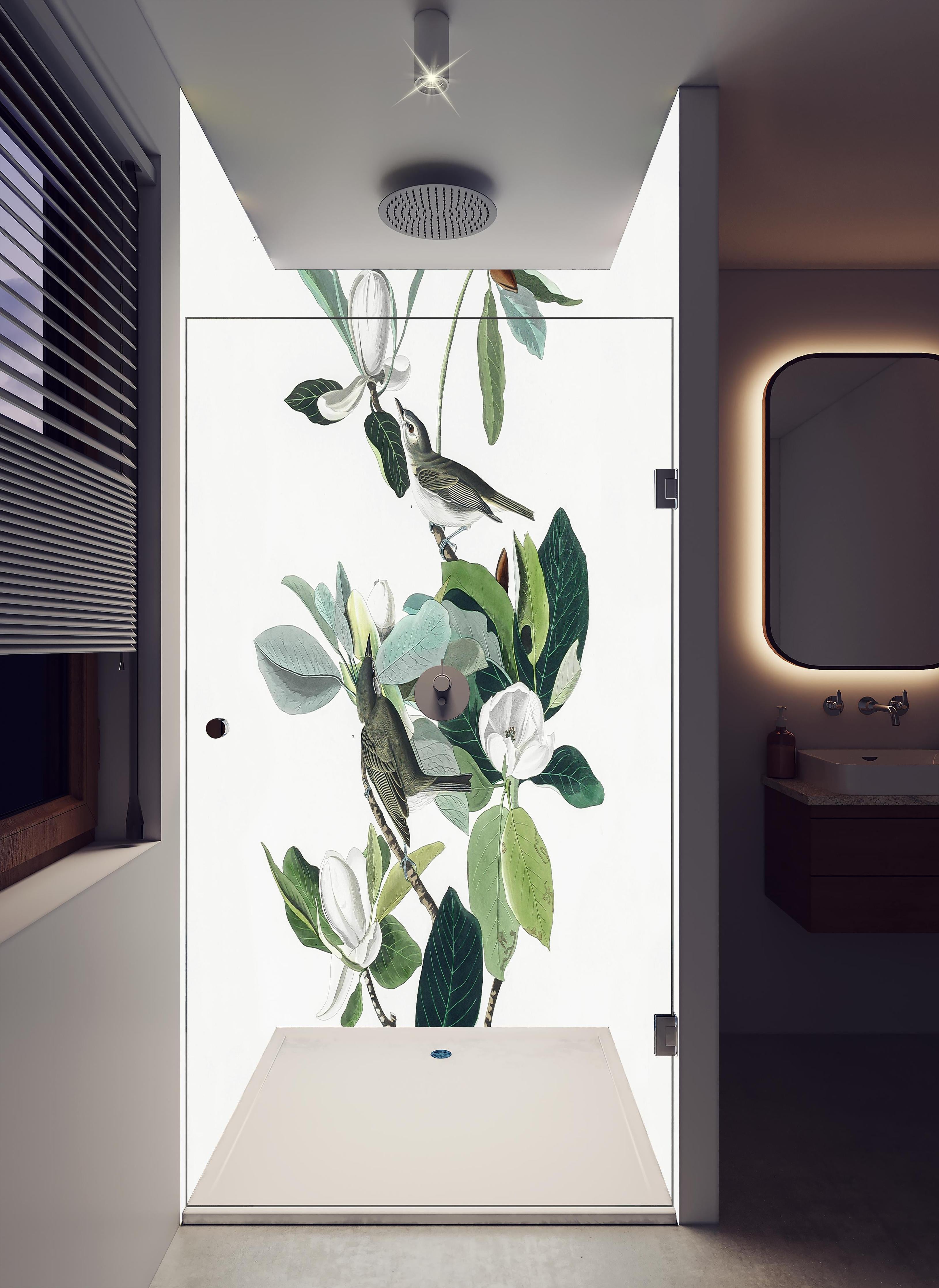 Duschrückwand - Vogel Gemälde - John James Audubon in hellem Badezimmer mit Regenduschkopf - zweiteilige Eck-Duschrückwand