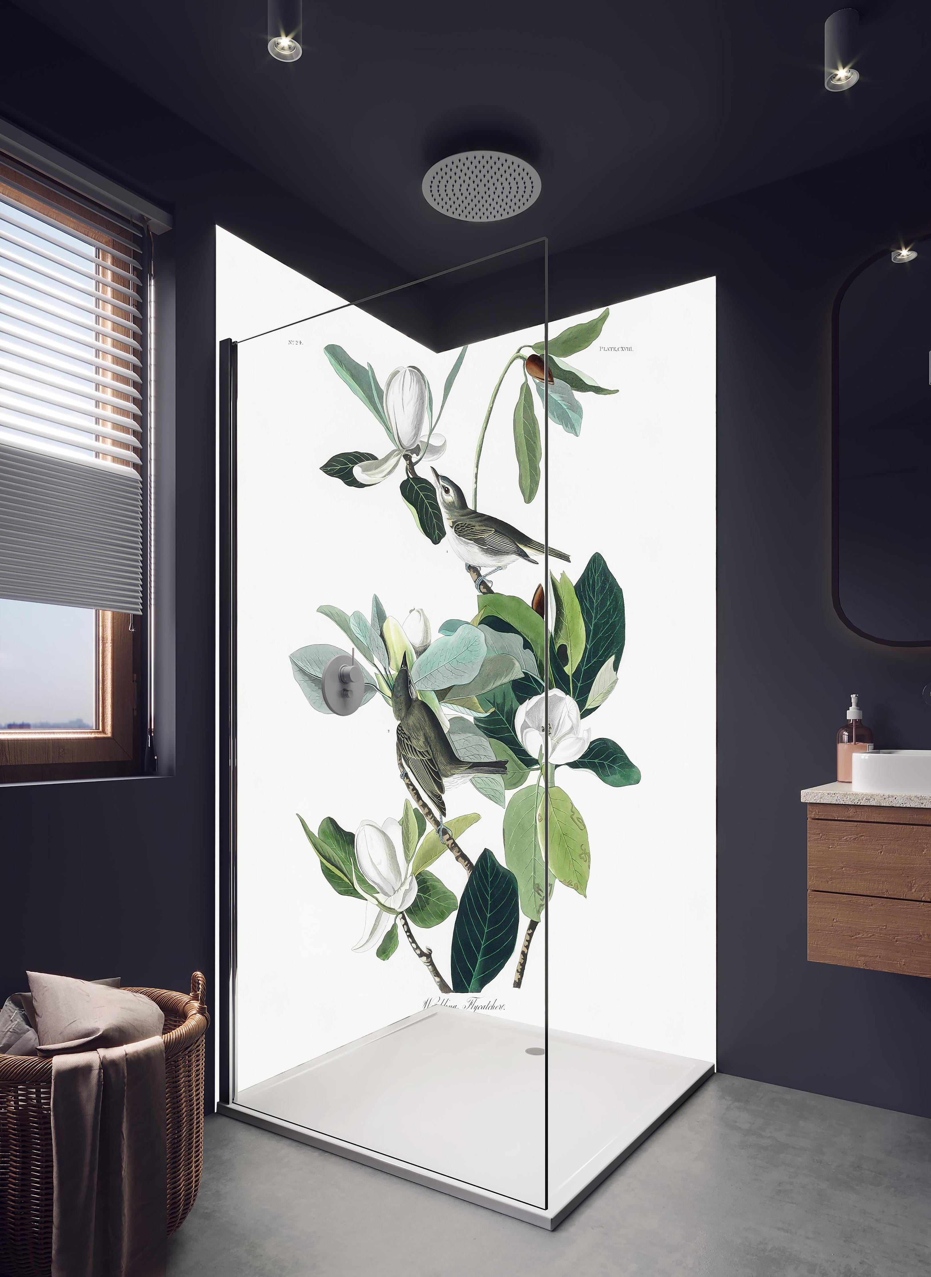 Duschrückwand - Vogel Gemälde - John James Audubon in hellem Badezimmer mit Regenduschkopf - zweiteilige Eck-Duschrückwand