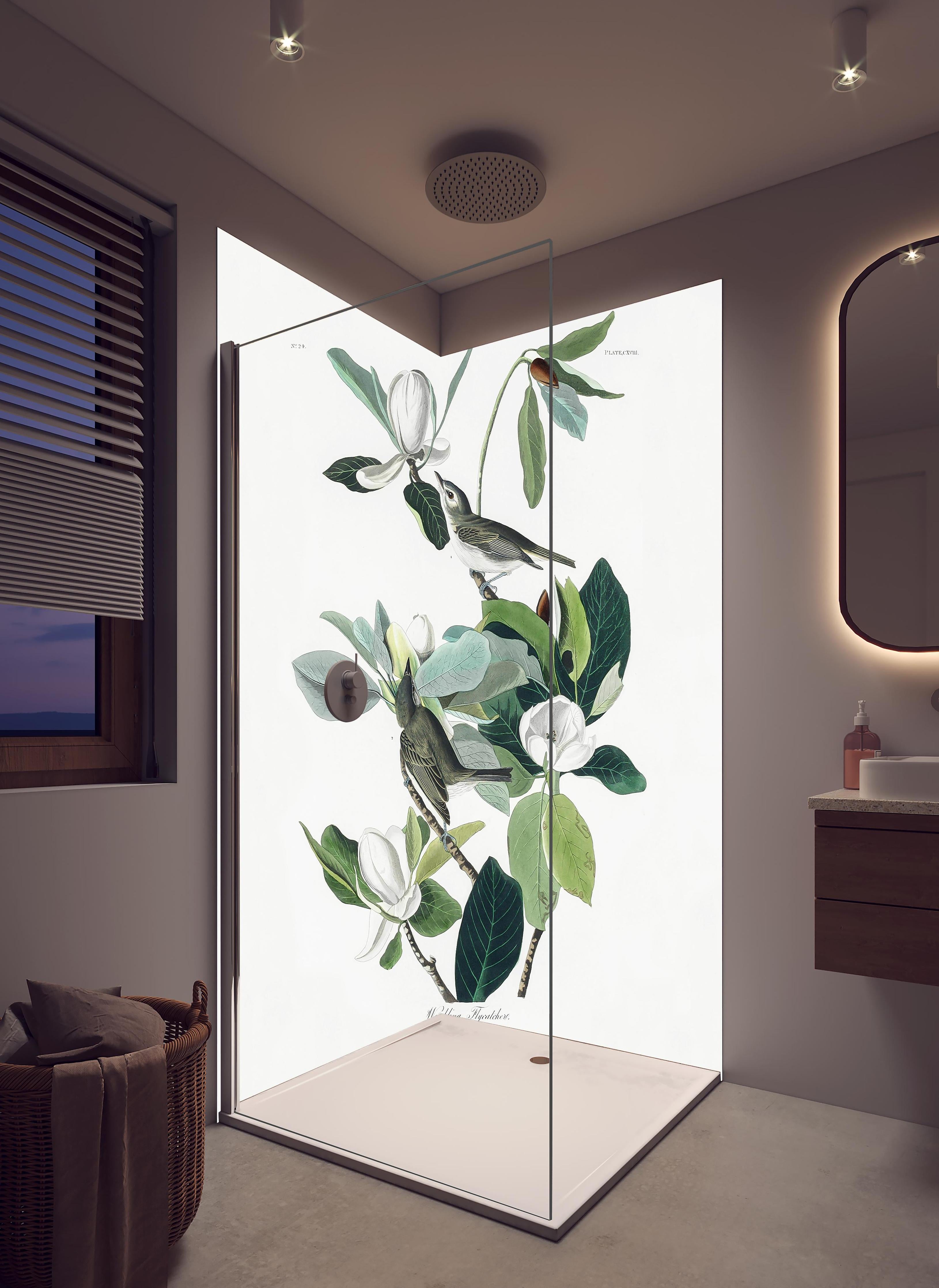 Duschrückwand - Vogel Gemälde - John James Audubon in hellem Badezimmer mit Regenduschkopf - zweiteilige Eck-Duschrückwand