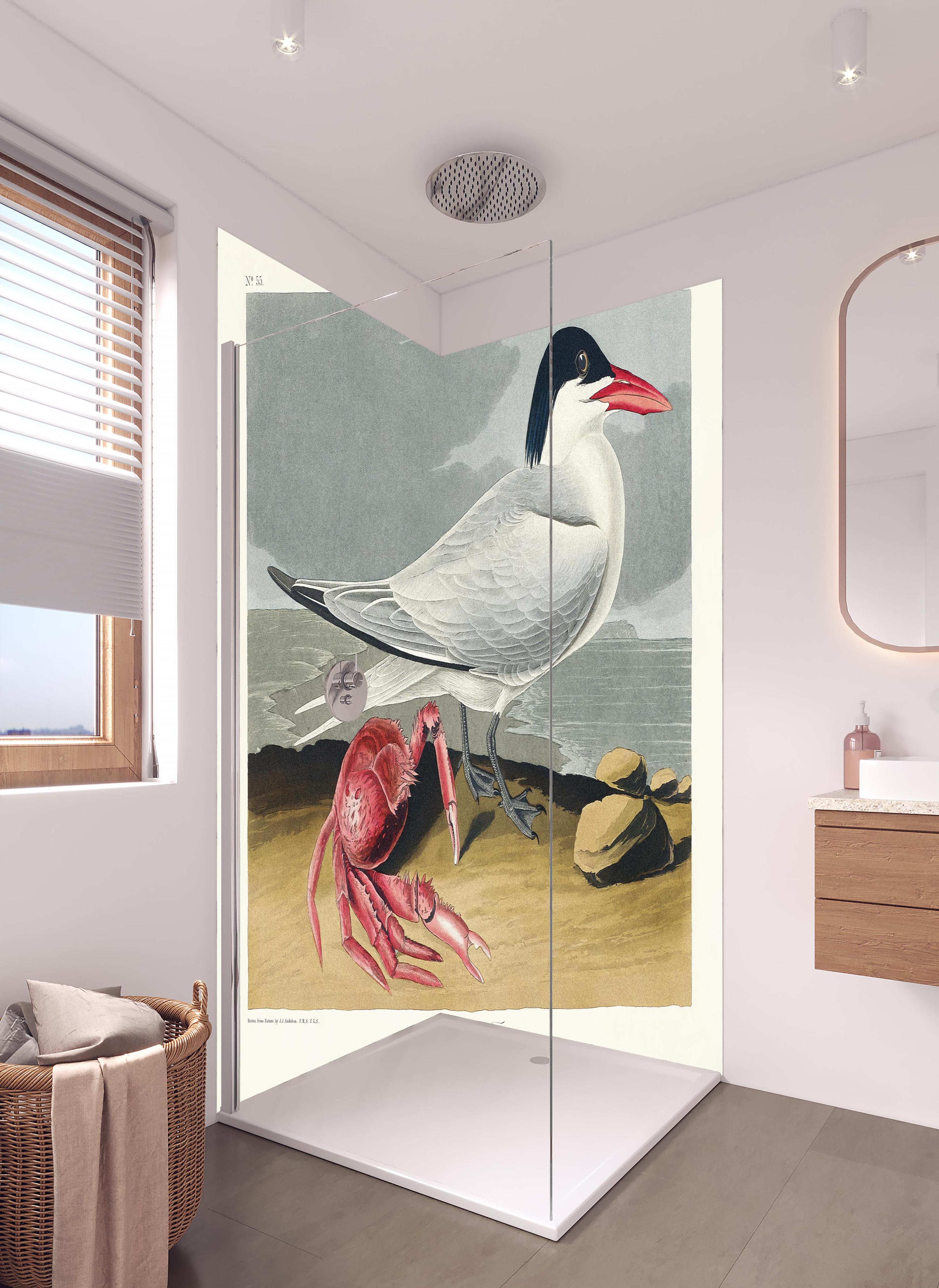 Duschrückwand - Vogel Portrait - Robert Havell in hellem Badezimmer mit Regenduschkopf - zweiteilige Eck-Duschrückwand