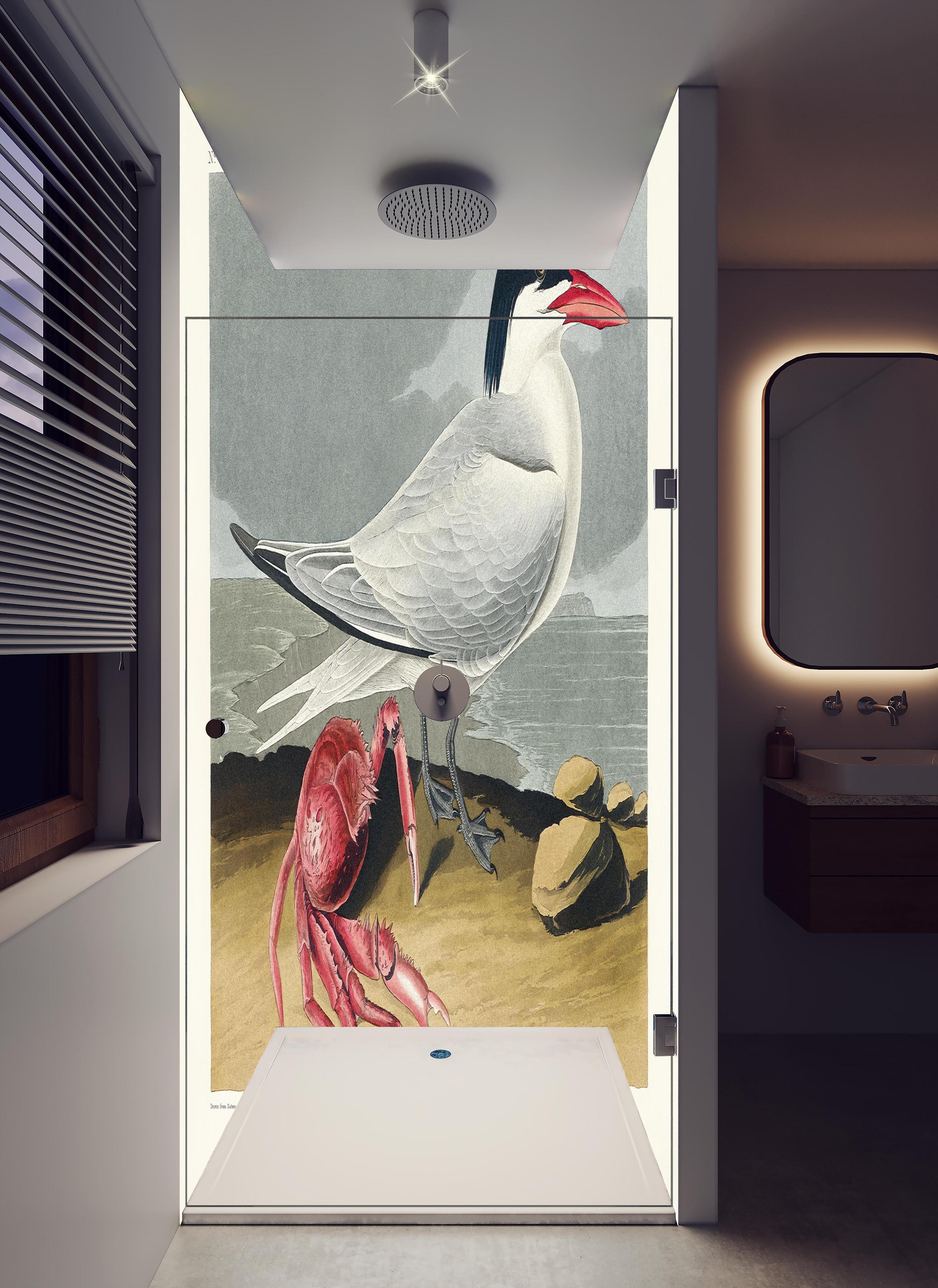 Duschrückwand - Vogel Portrait - Robert Havell in hellem Badezimmer mit Regenduschkopf - zweiteilige Eck-Duschrückwand