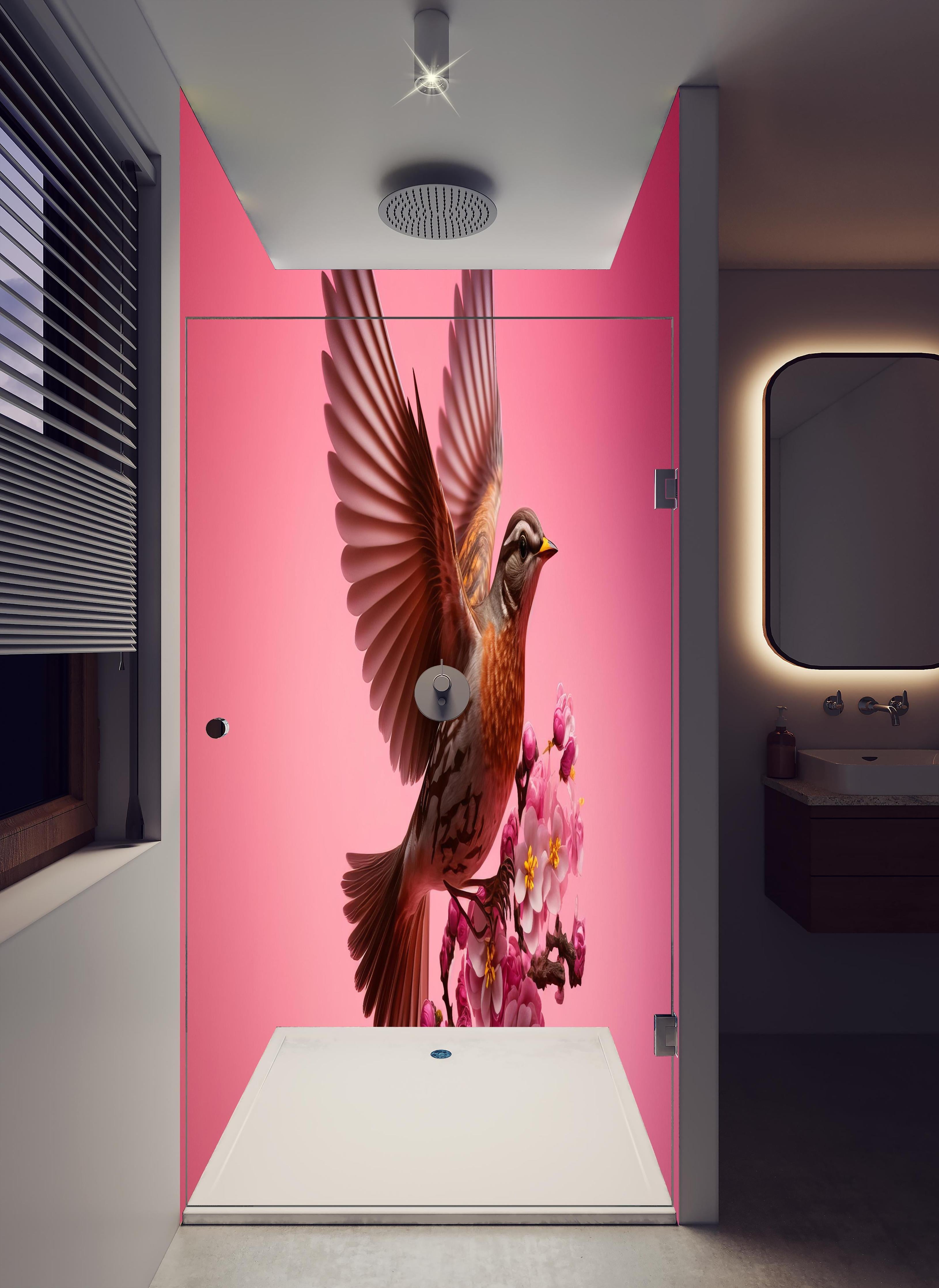 Duschrückwand - Vogel mit rosa Sakura Blütenzweig in hellem Badezimmer mit Regenduschkopf - zweiteilige Eck-Duschrückwand