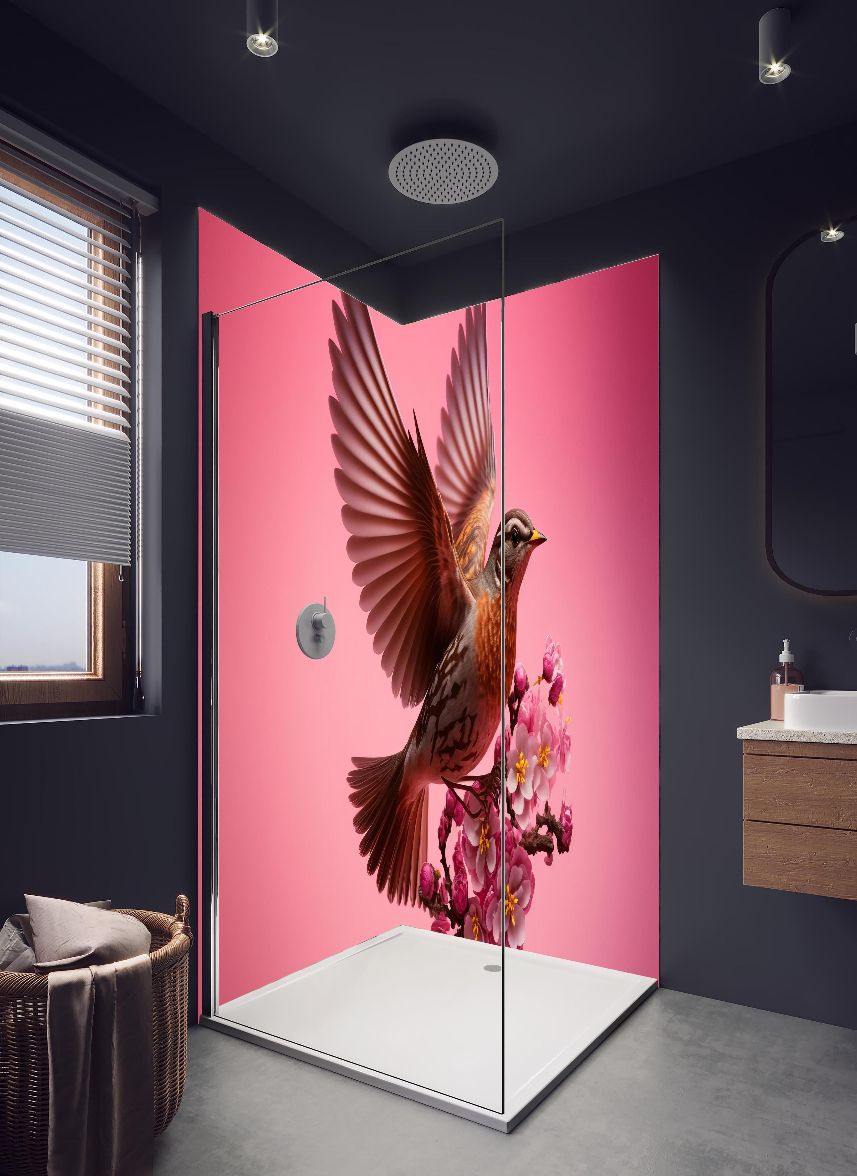 Duschrückwand - Vogel mit rosa Sakura Blütenzweig in hellem Badezimmer mit Regenduschkopf - zweiteilige Eck-Duschrückwand