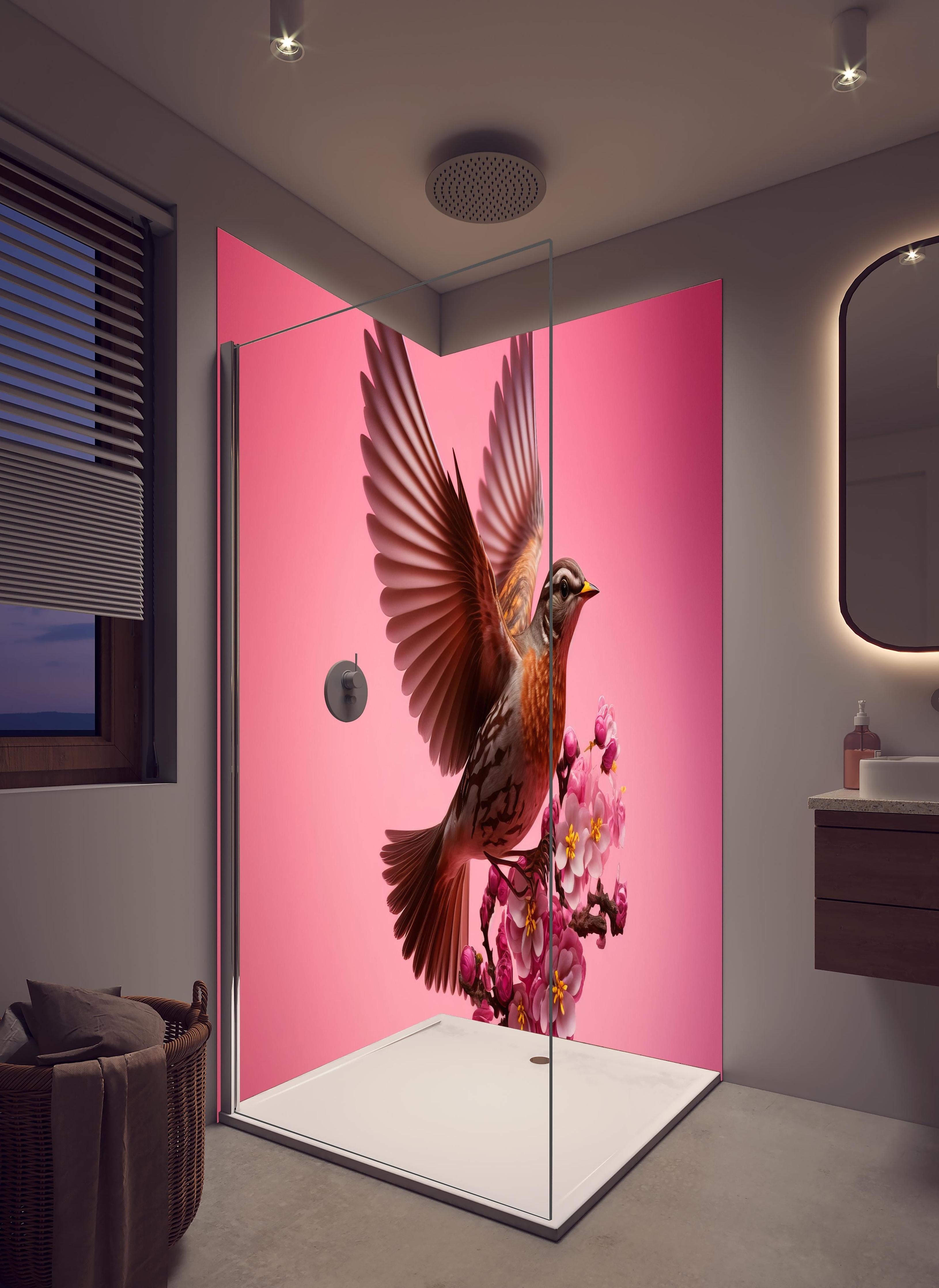 Duschrückwand - Vogel mit rosa Sakura Blütenzweig in hellem Badezimmer mit Regenduschkopf - zweiteilige Eck-Duschrückwand