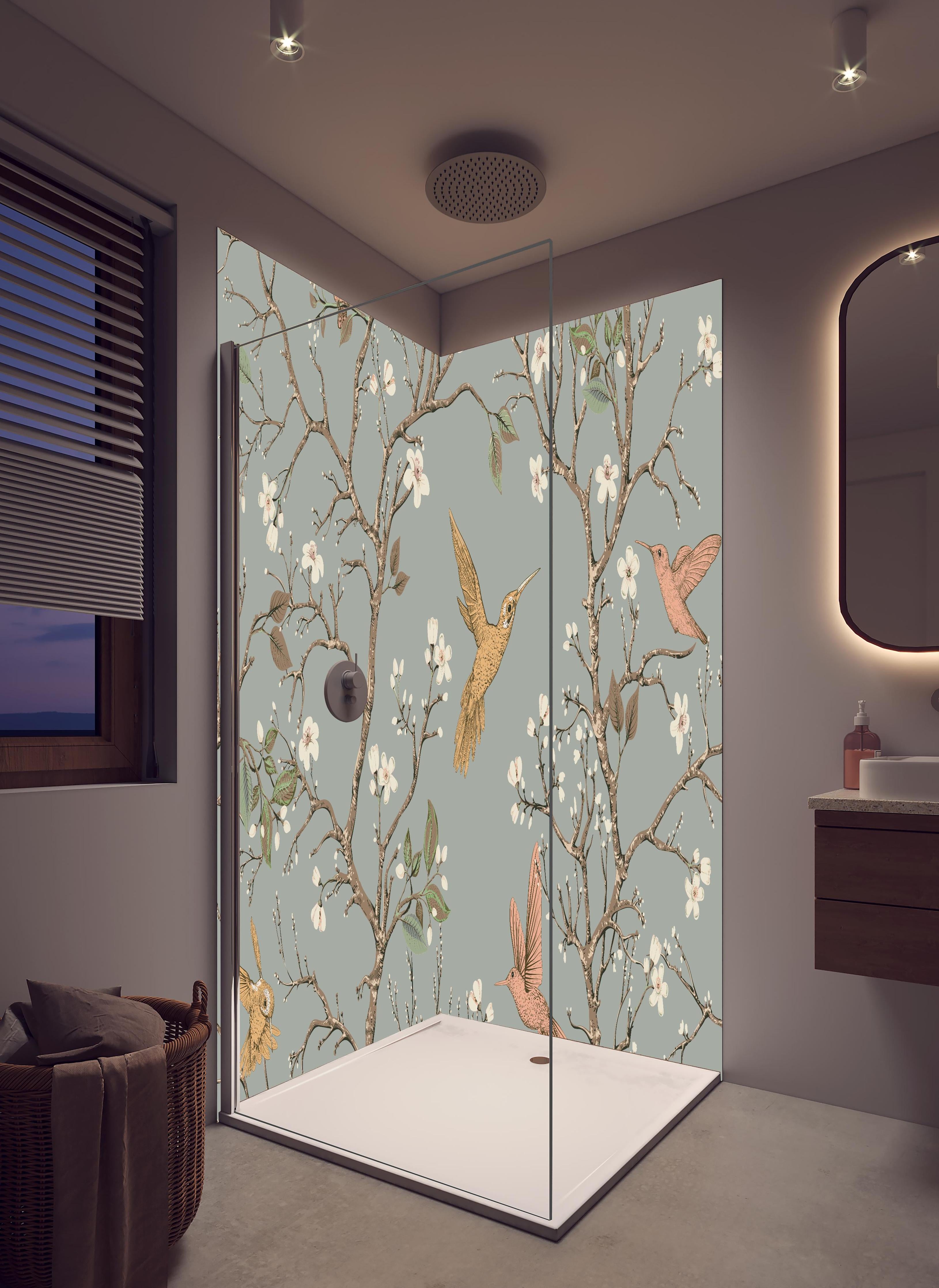 Duschrückwand - Vogelmotiv Blumenzweige auf Grau in hellem Badezimmer mit Regenduschkopf - zweiteilige Eck-Duschrückwand