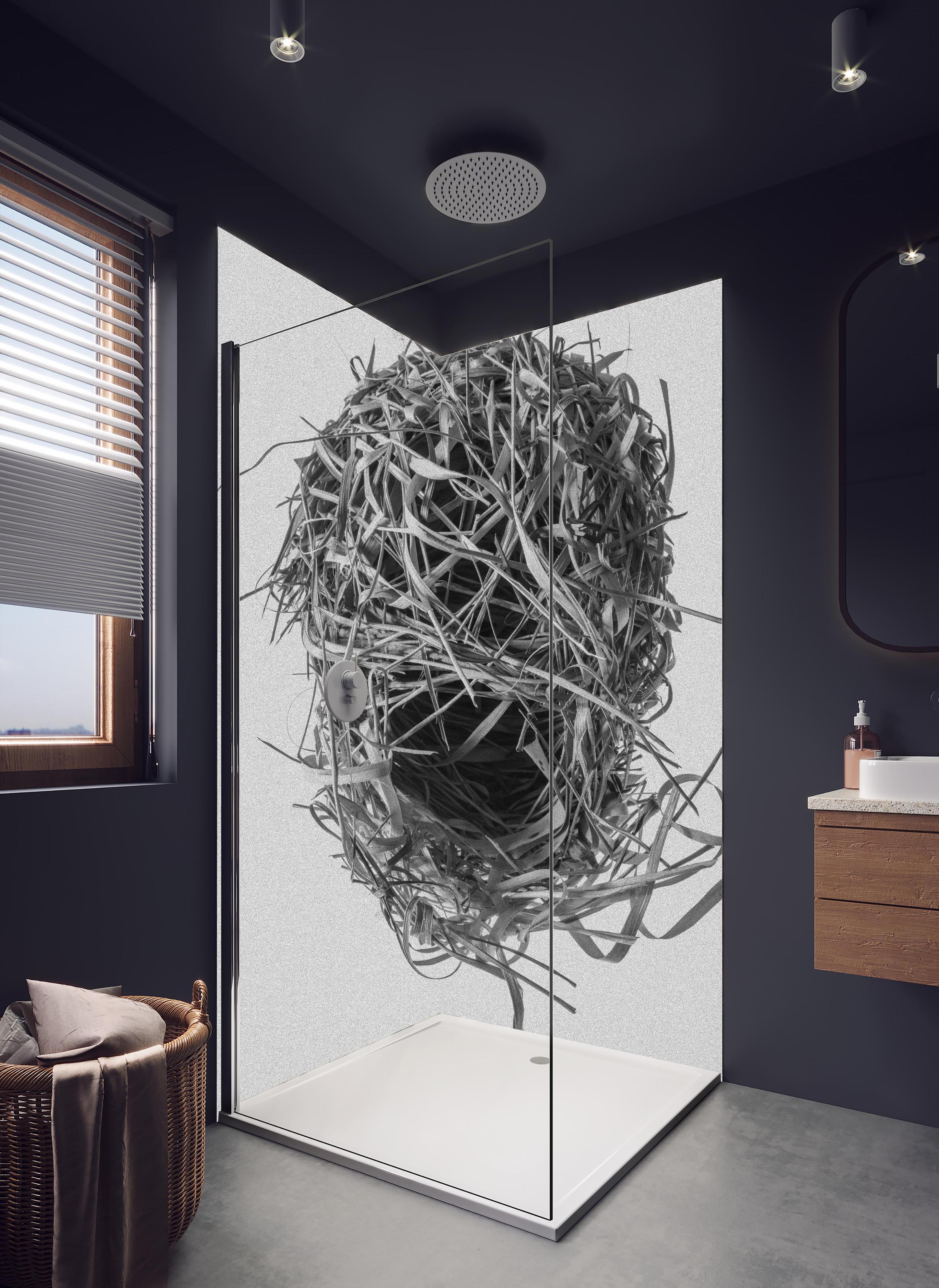 Duschrückwand - Vogelnest - schwarz-weiß in hellem Badezimmer mit Regenduschkopf - zweiteilige Eck-Duschrückwand