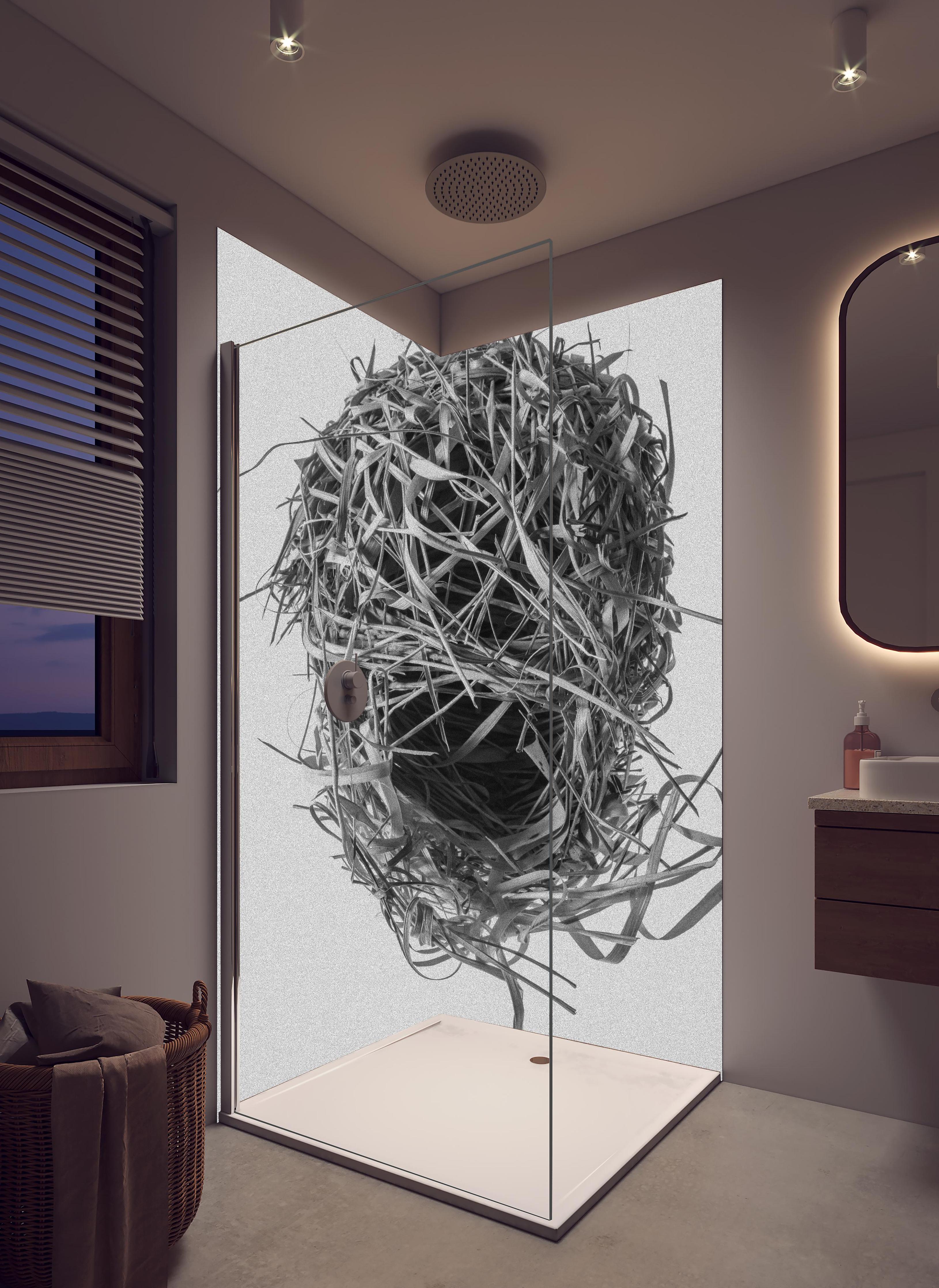 Duschrückwand - Vogelnest - schwarz-weiß in hellem Badezimmer mit Regenduschkopf - zweiteilige Eck-Duschrückwand