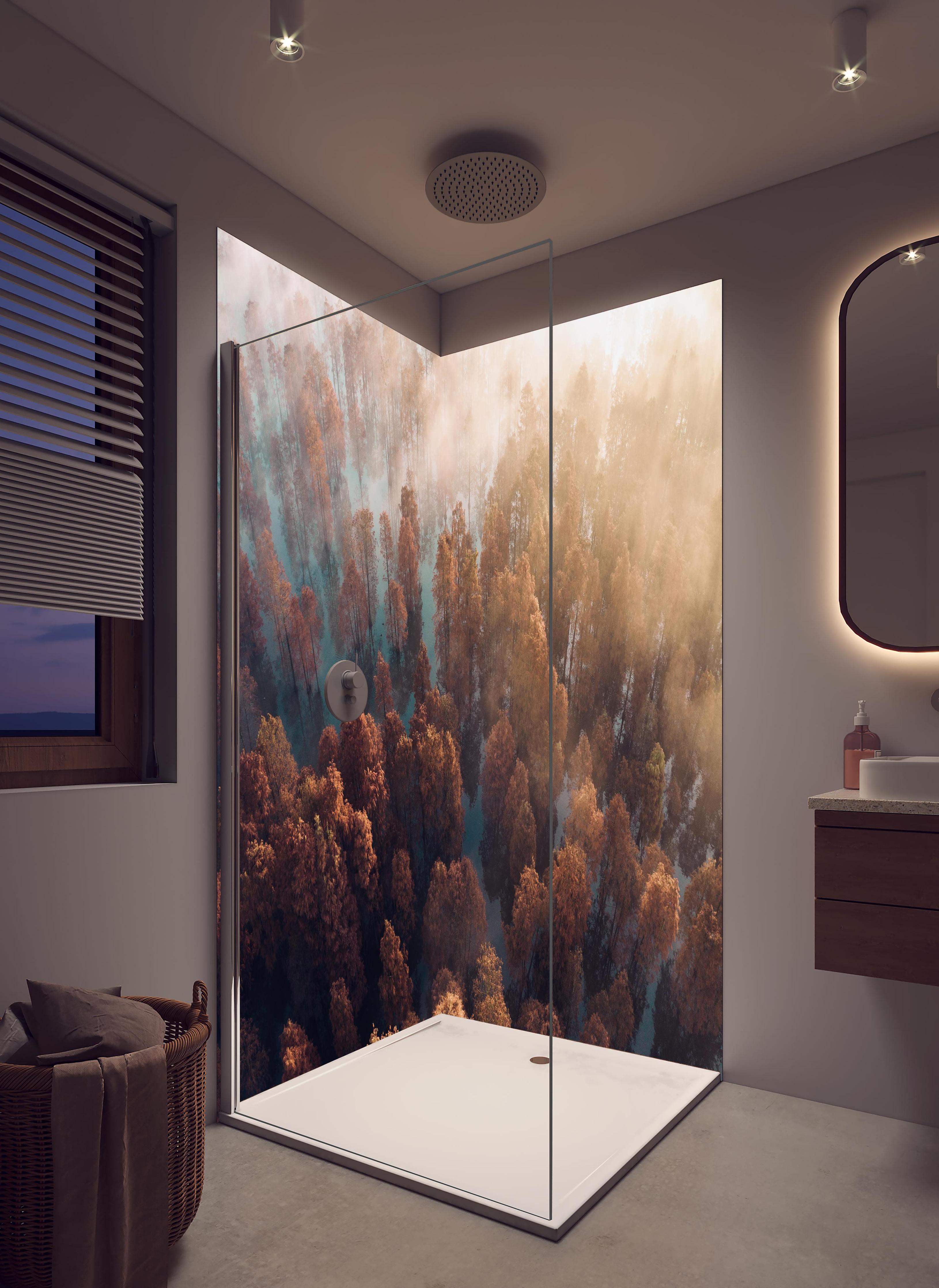 Duschrückwand - Vogelperspektive - Wald im Herbst in hellem Badezimmer mit Regenduschkopf - zweiteilige Eck-Duschrückwand