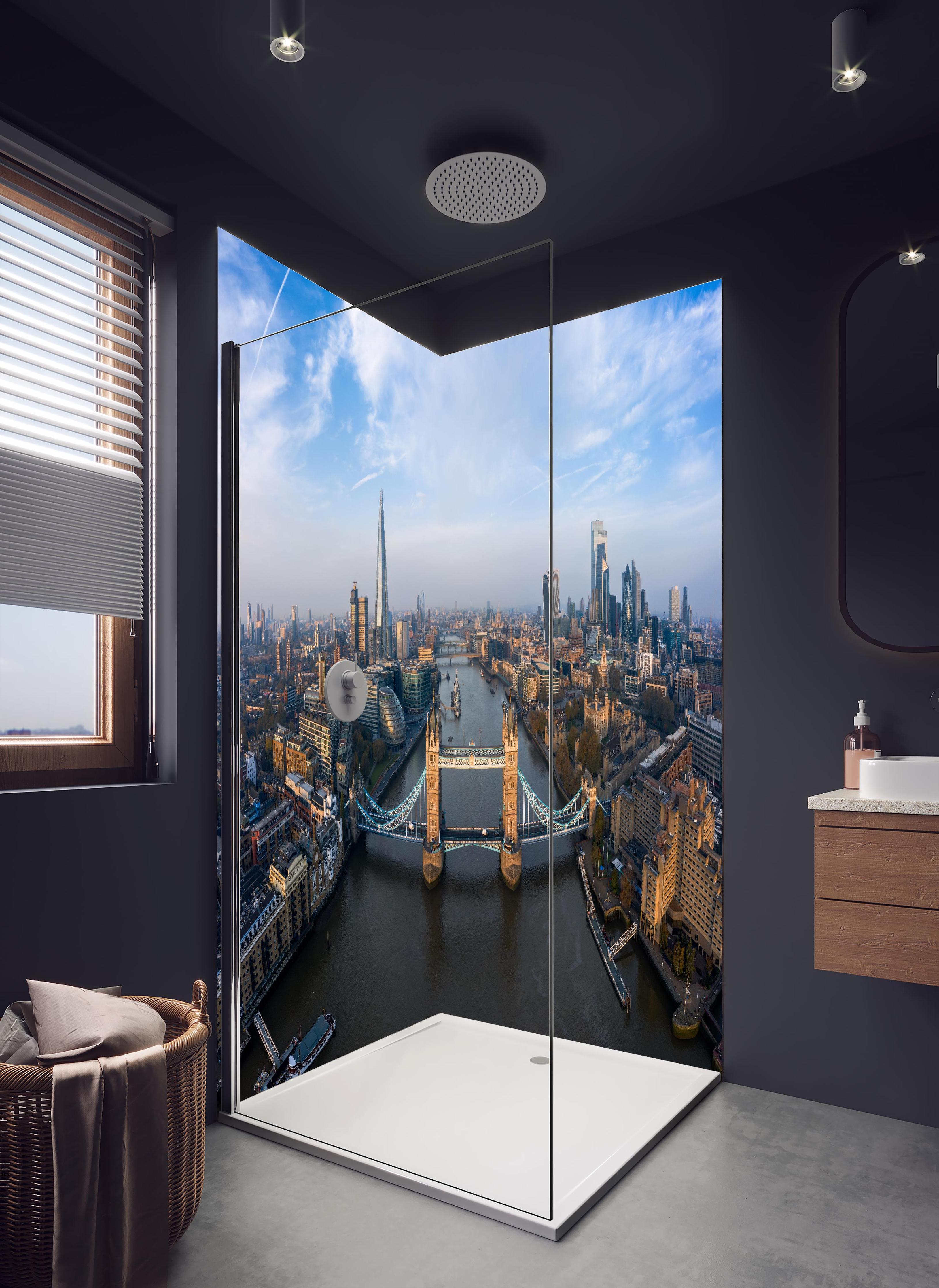 Duschrückwand - Vogelperspektive der Tower Bridge, London in hellem Badezimmer mit Regenduschkopf - zweiteilige Eck-Duschrückwand