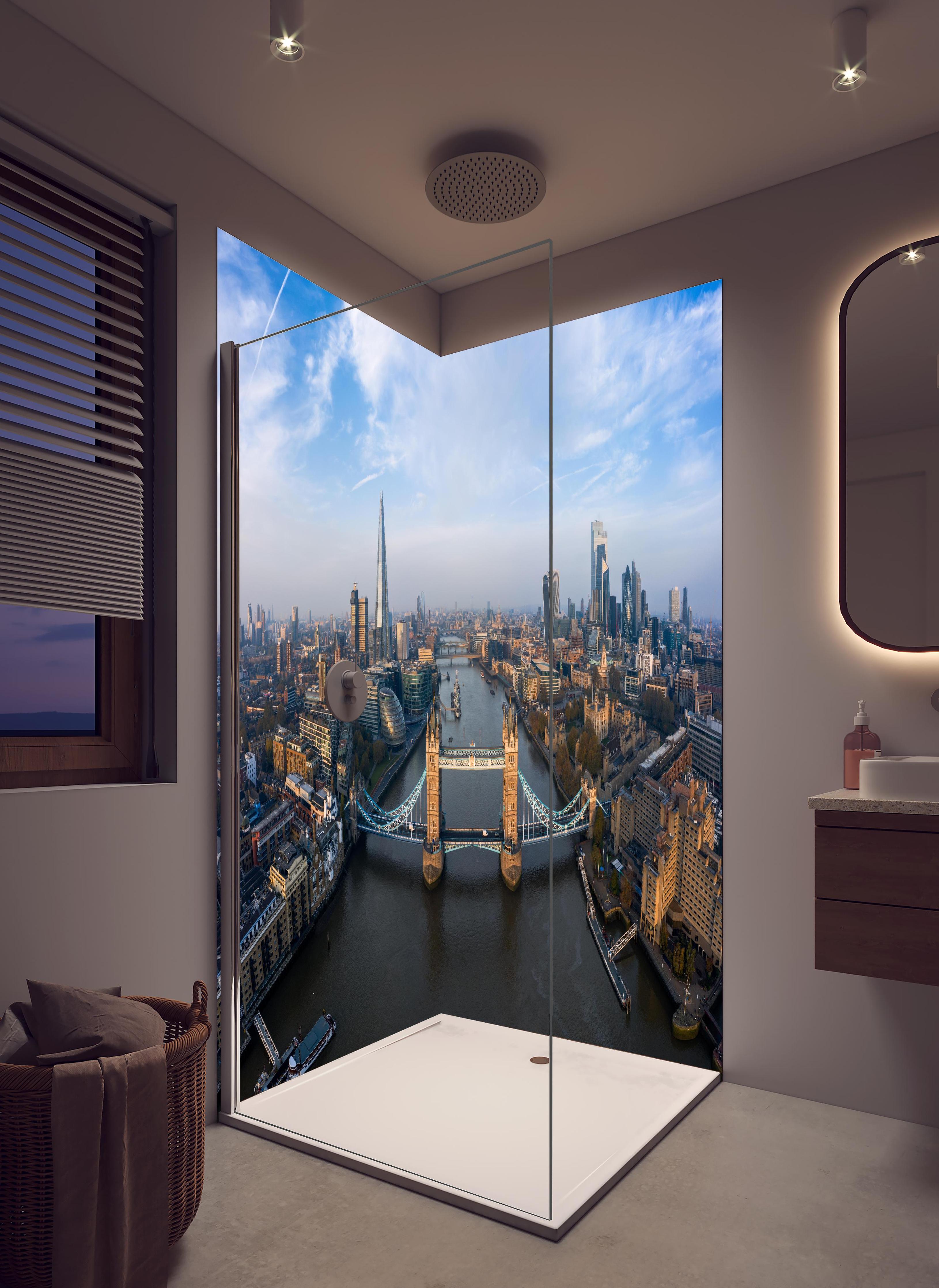 Duschrückwand - Vogelperspektive der Tower Bridge, London in hellem Badezimmer mit Regenduschkopf - zweiteilige Eck-Duschrückwand