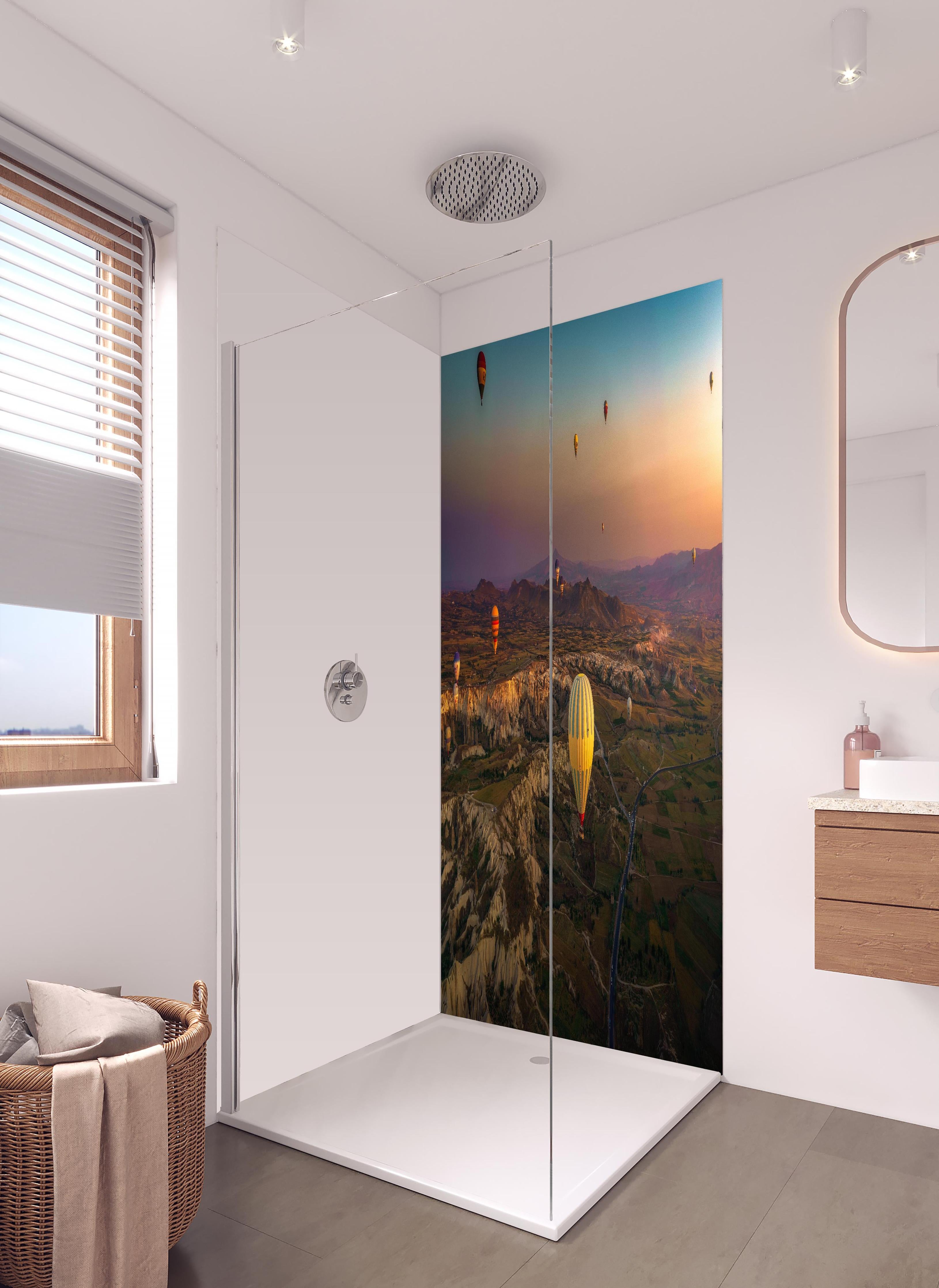 Duschrückwand - Vogelperspektive in Kappadokien - Türkei in hellem Badezimmer mit Regenduschkopf - zweiteilige Eck-Duschrückwand