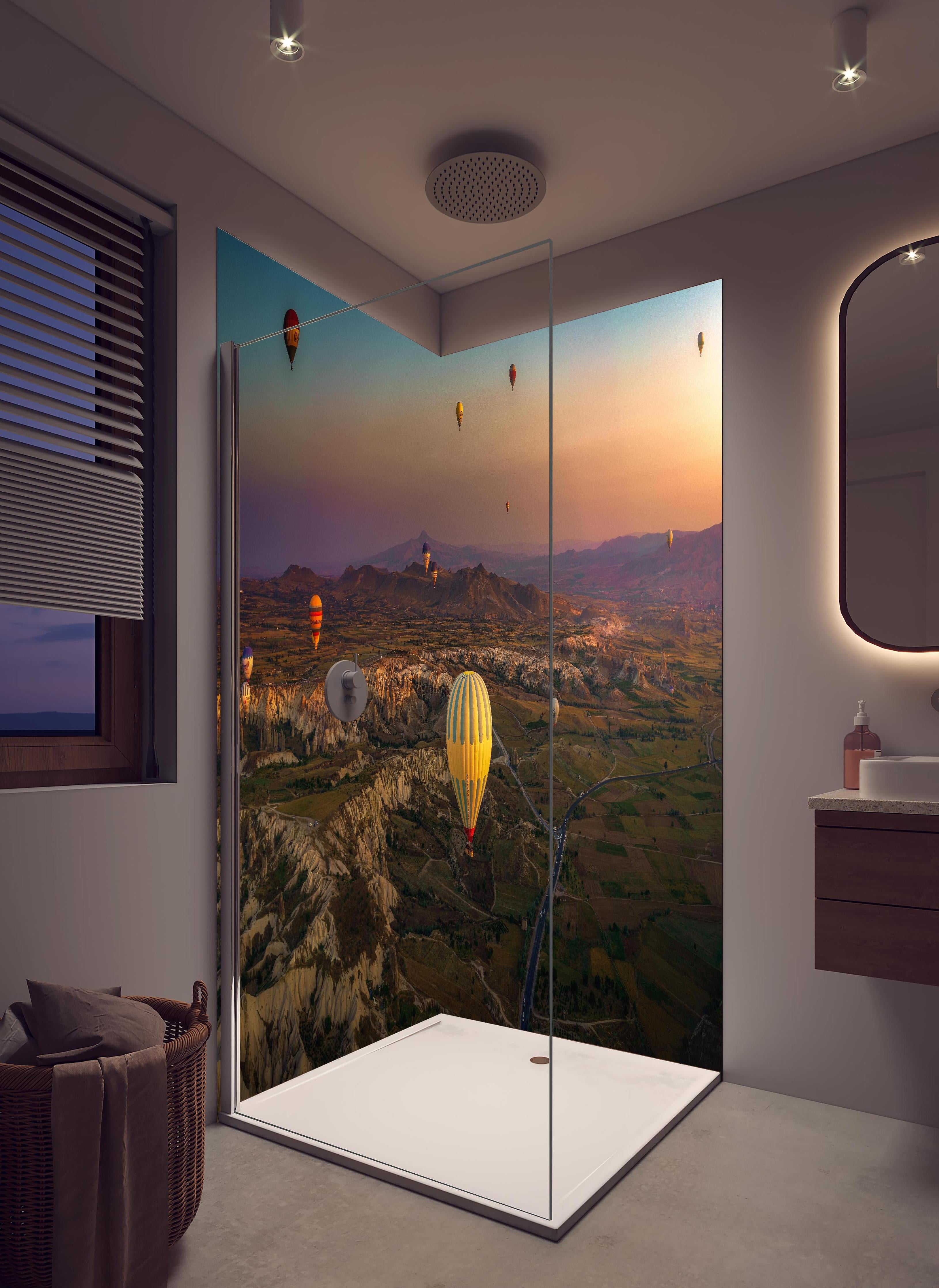 Duschrückwand - Vogelperspektive in Kappadokien - Türkei in hellem Badezimmer mit Regenduschkopf - zweiteilige Eck-Duschrückwand