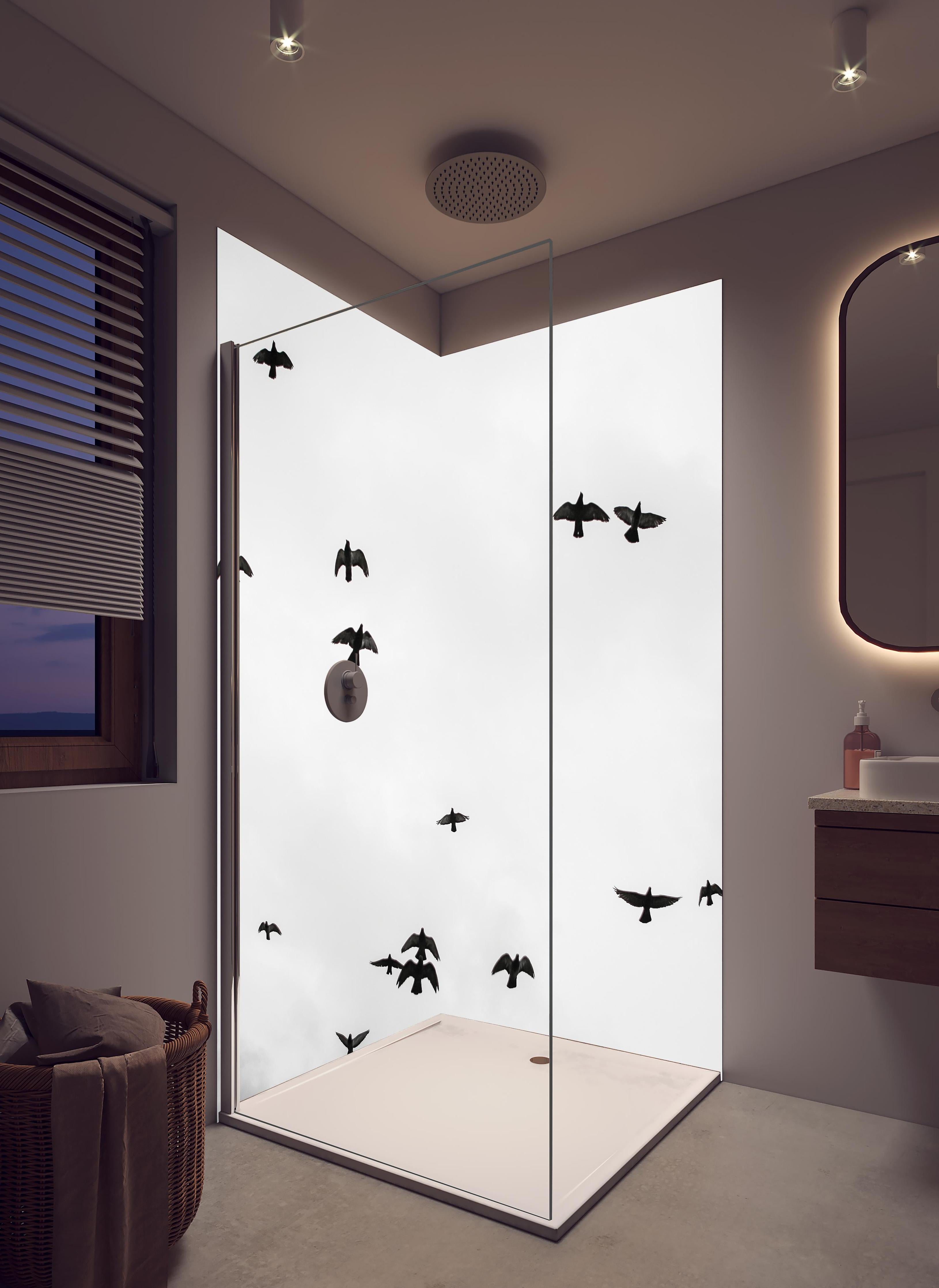 Duschrückwand - Vogelschwarm - schwarz-weiß in hellem Badezimmer mit Regenduschkopf - zweiteilige Eck-Duschrückwand