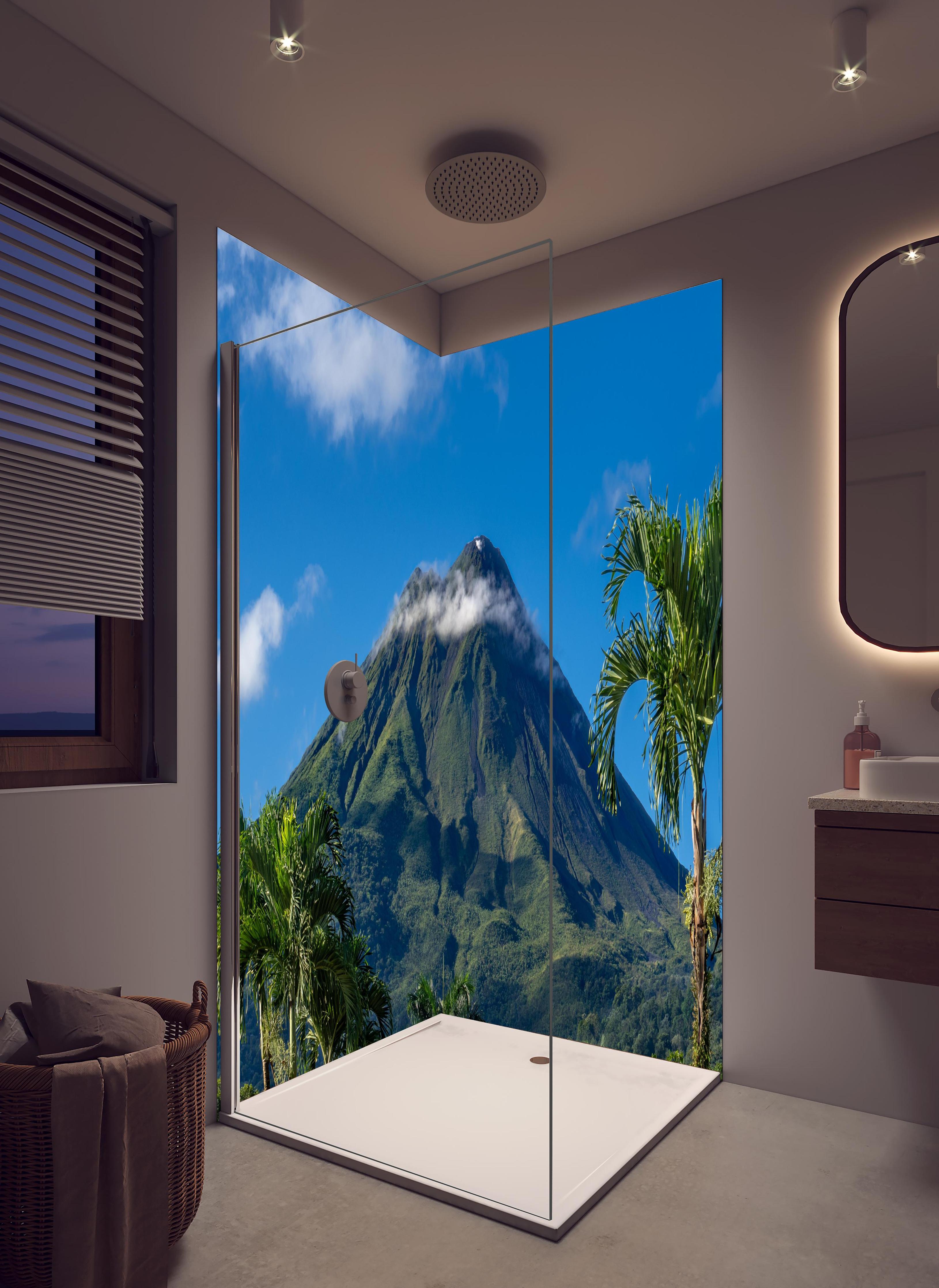Duschrückwand - Vulkan Arenal von nahem - Costa Rica in hellem Badezimmer mit Regenduschkopf - zweiteilige Eck-Duschrückwand